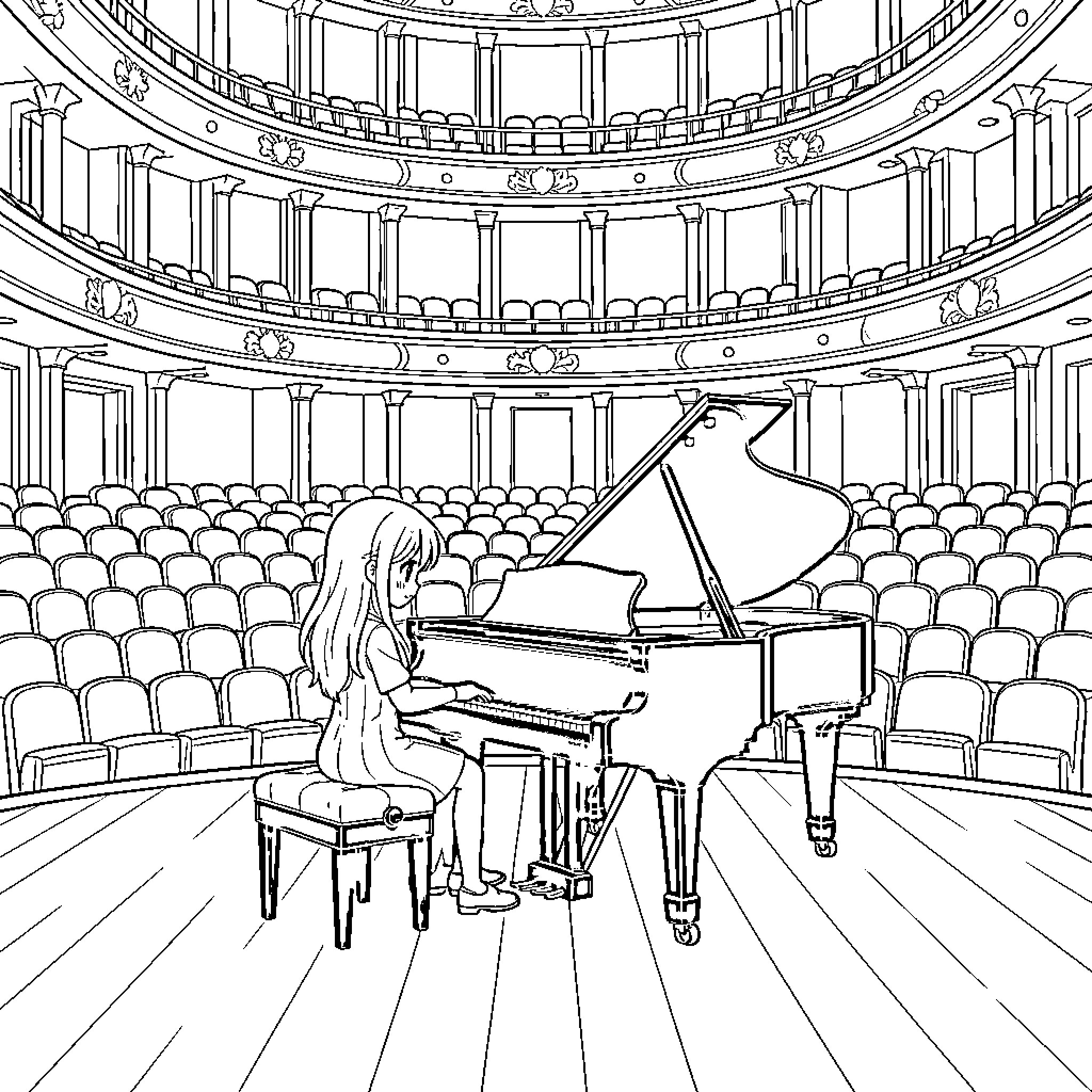 Anime Girl playing grand piano in a concert hall Coloring Page (free black-and-white line drawing printable PDF for all, from beginners to advanced learners, including children, teens, adults, and seniors)