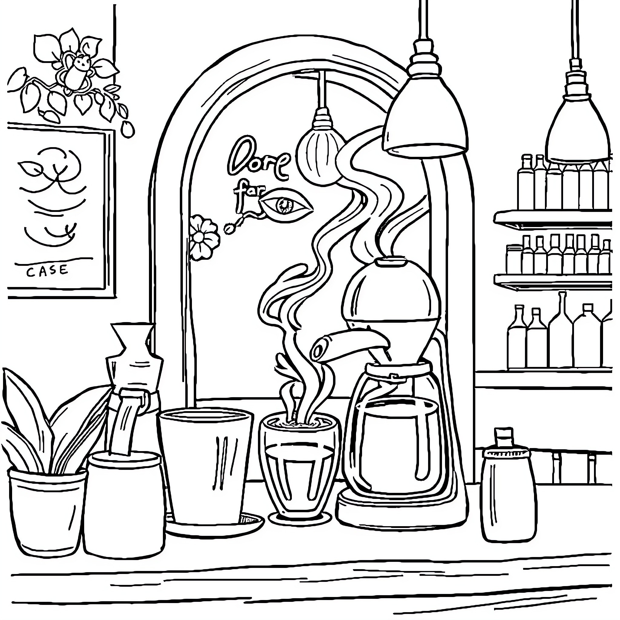 Espresso art and equipment in a cozy cafe Coloring Page (free black-and-white line drawing printable PDF for all, from beginners to advanced learners, including children, teens, adults, and seniors)