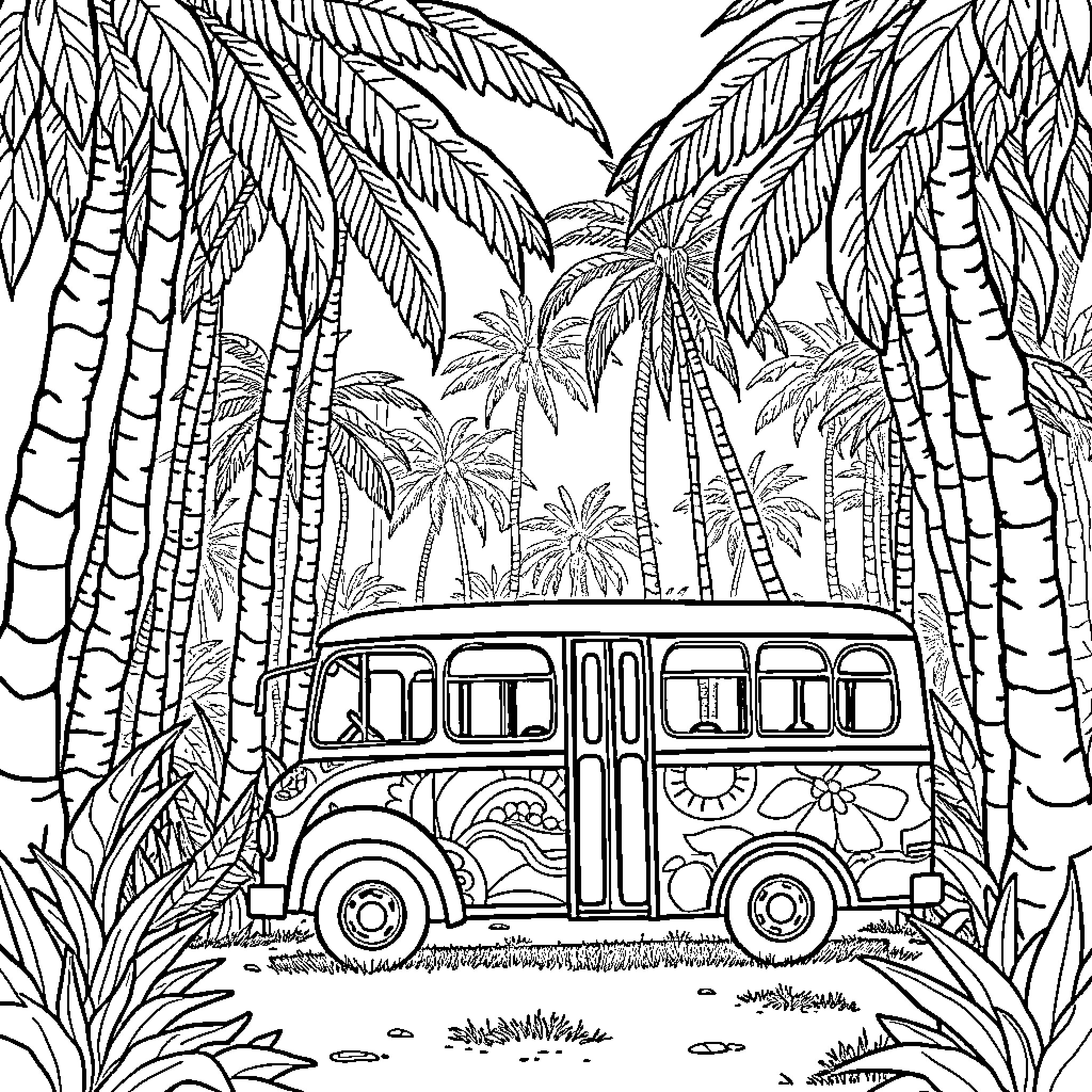 Bus travels through tropical palm tree landscape Coloring Page (free black-and-white line drawing printable PDF for all, from beginners to advanced learners, including children, teens, adults, and seniors)