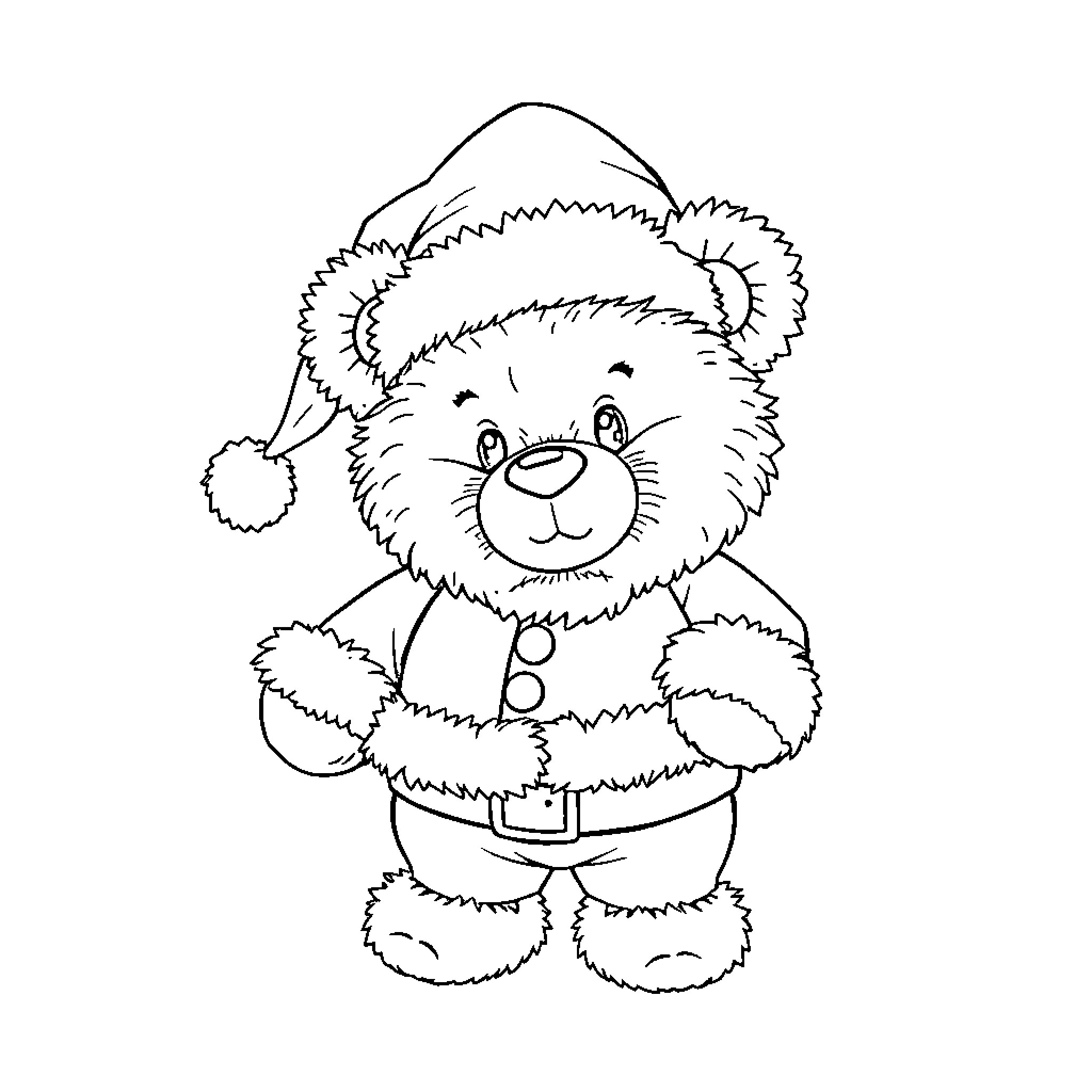 Teddy Bear in Santa Claus Outfit Coloring Page (free black-and-white line drawing printable PDF for all, from beginners to advanced learners, including children, teens, adults, and seniors)