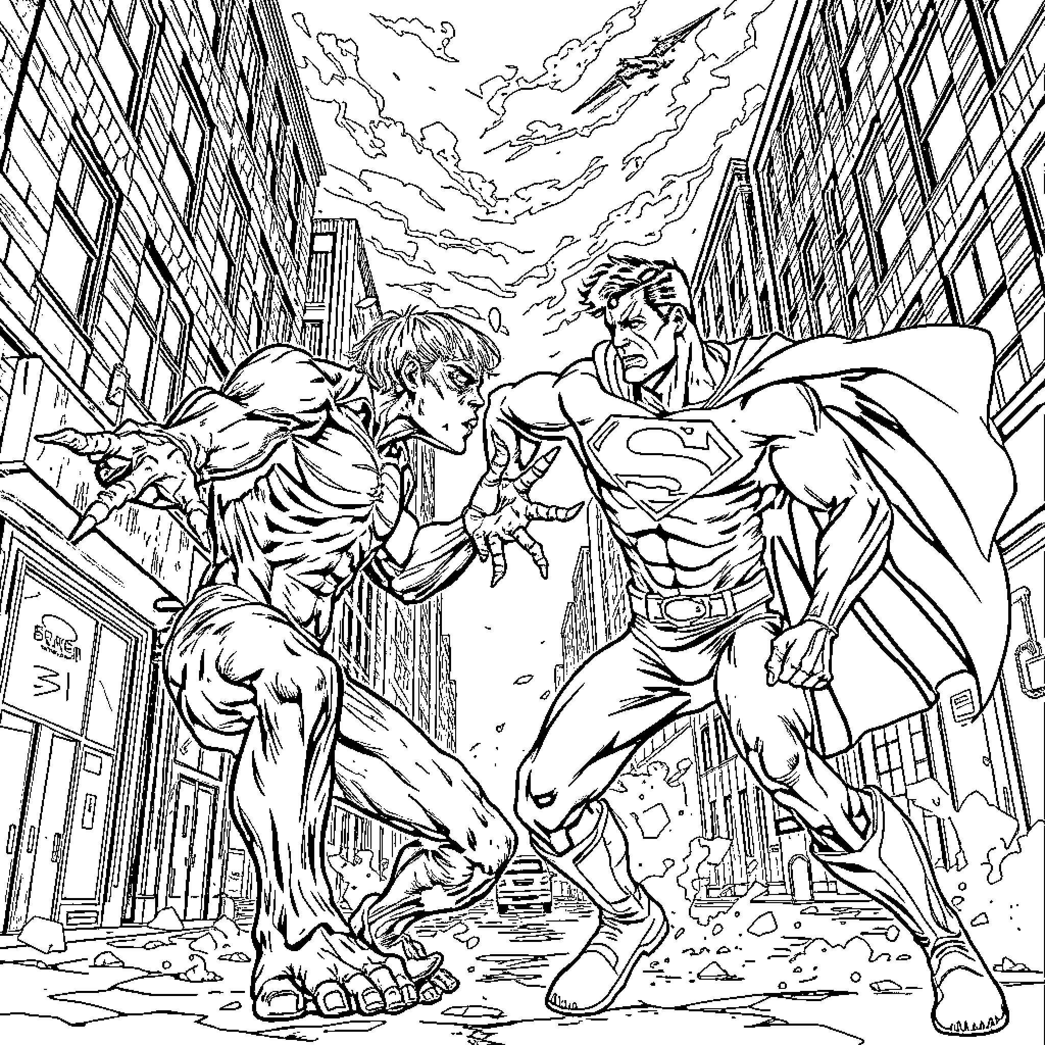 Zombie Heroes Battling in the City Coloring Page (free black-and-white line drawing printable PDF for all, from beginners to advanced learners, including children, teens, adults, and seniors)