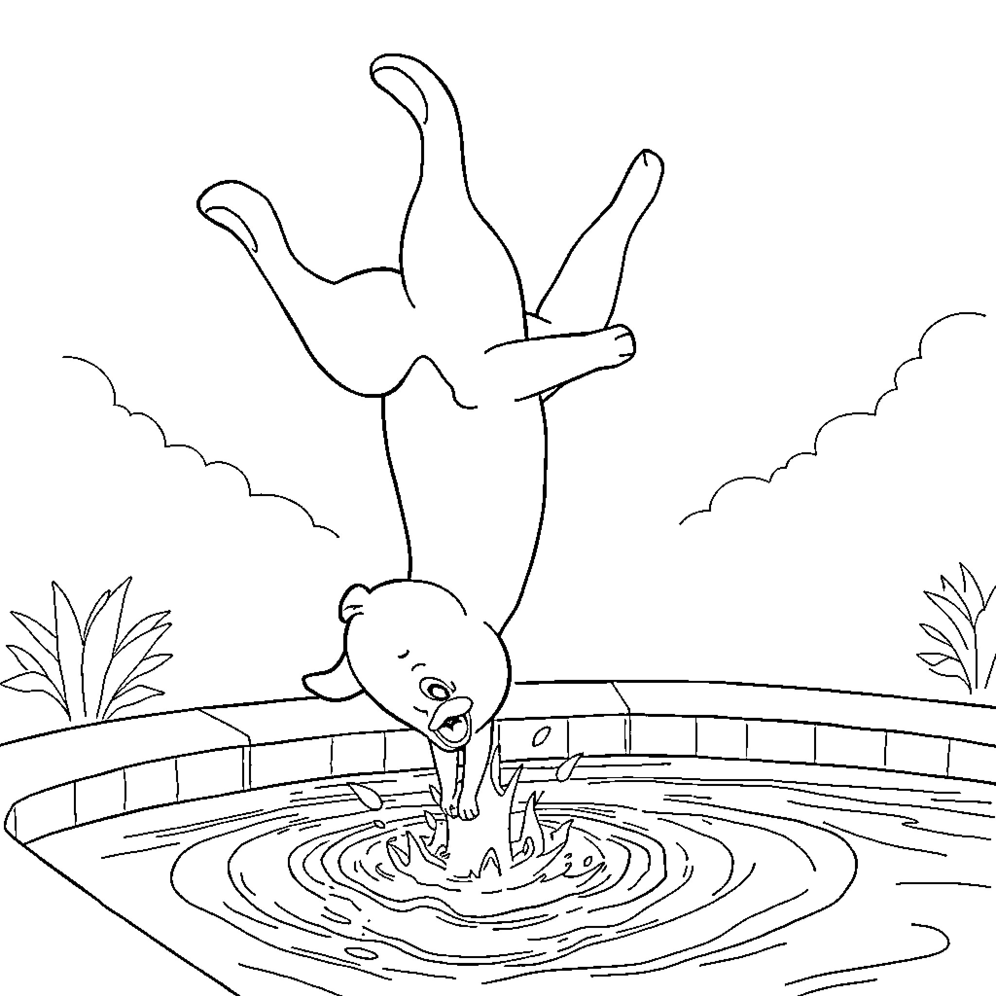 Rumi performing handstand by the pool Coloring Page (free black-and-white line drawing printable PDF for all, from beginners to advanced learners, including children, teens, adults, and seniors)