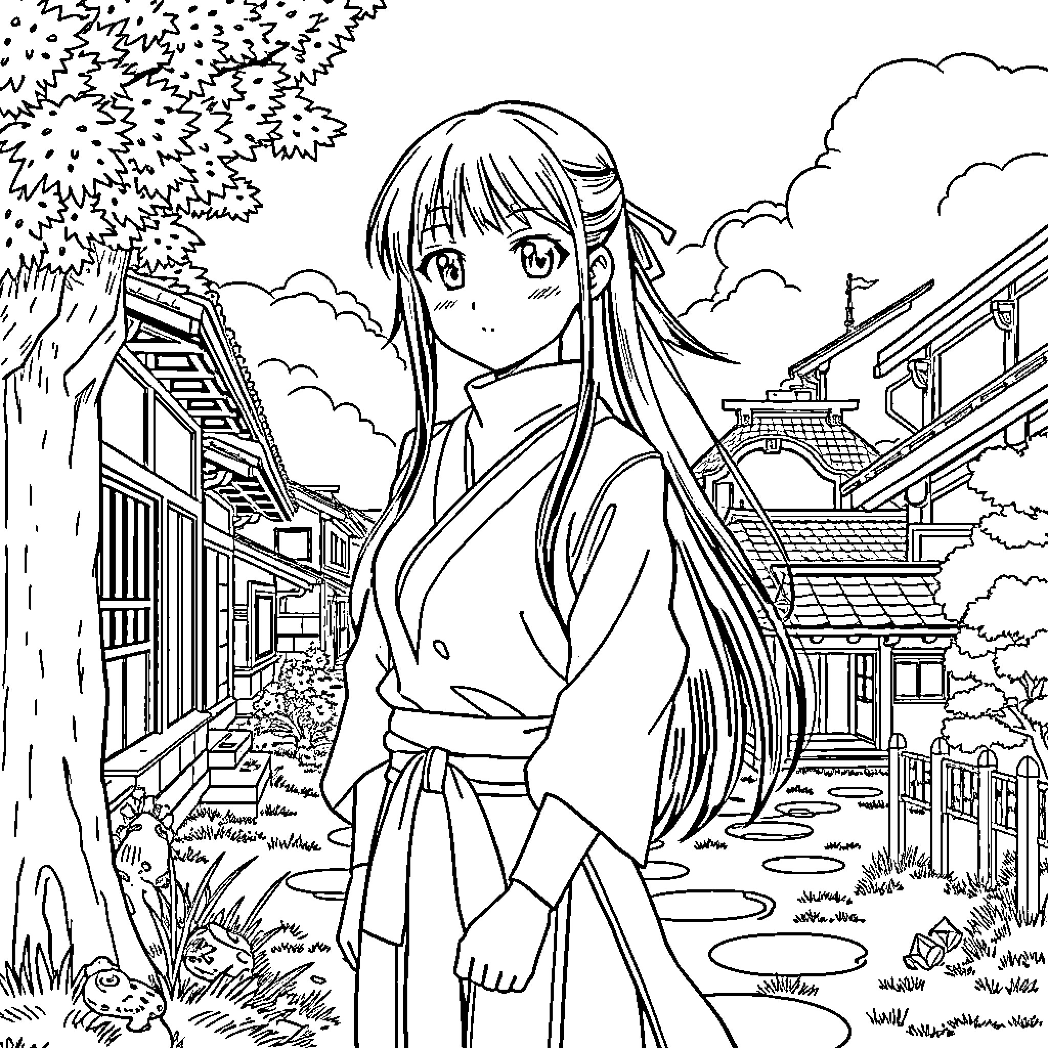Hinata Hyuga in a traditional Japanese village setting Coloring Page (free black-and-white line drawing printable PDF for all, from beginners to advanced learners, including children, teens, adults, and seniors)