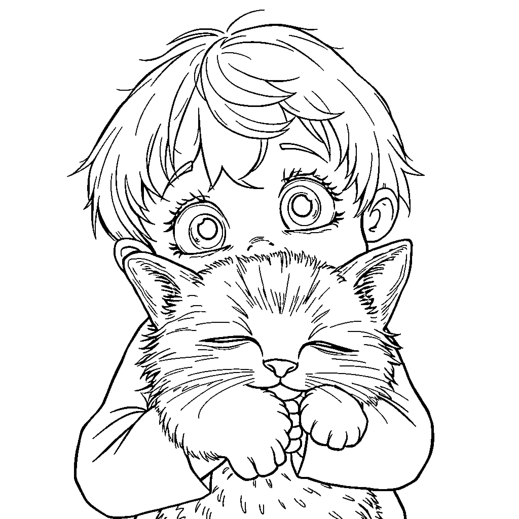 Child embracing a playful kitten Coloring Page (free black-and-white line drawing printable PDF for all, from beginners to advanced learners, including children, teens, adults, and seniors)
