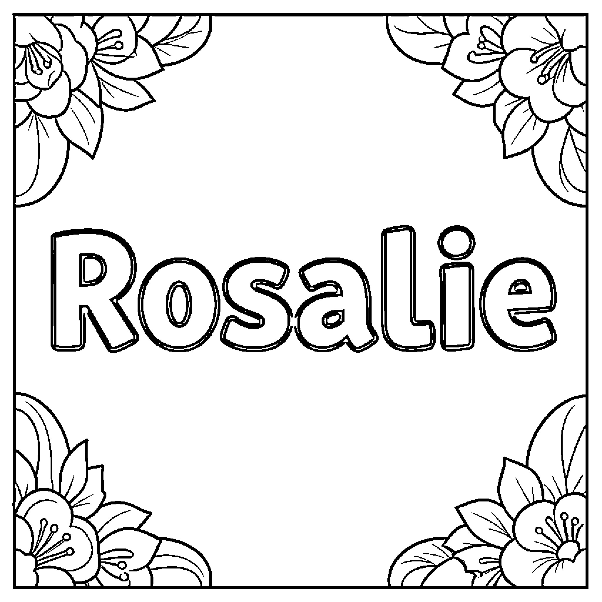 Rosalie name framed by beautiful floral patterns Coloring Page (free black-and-white line drawing printable PDF for all, from beginners to advanced learners, including children, teens, adults, and seniors)