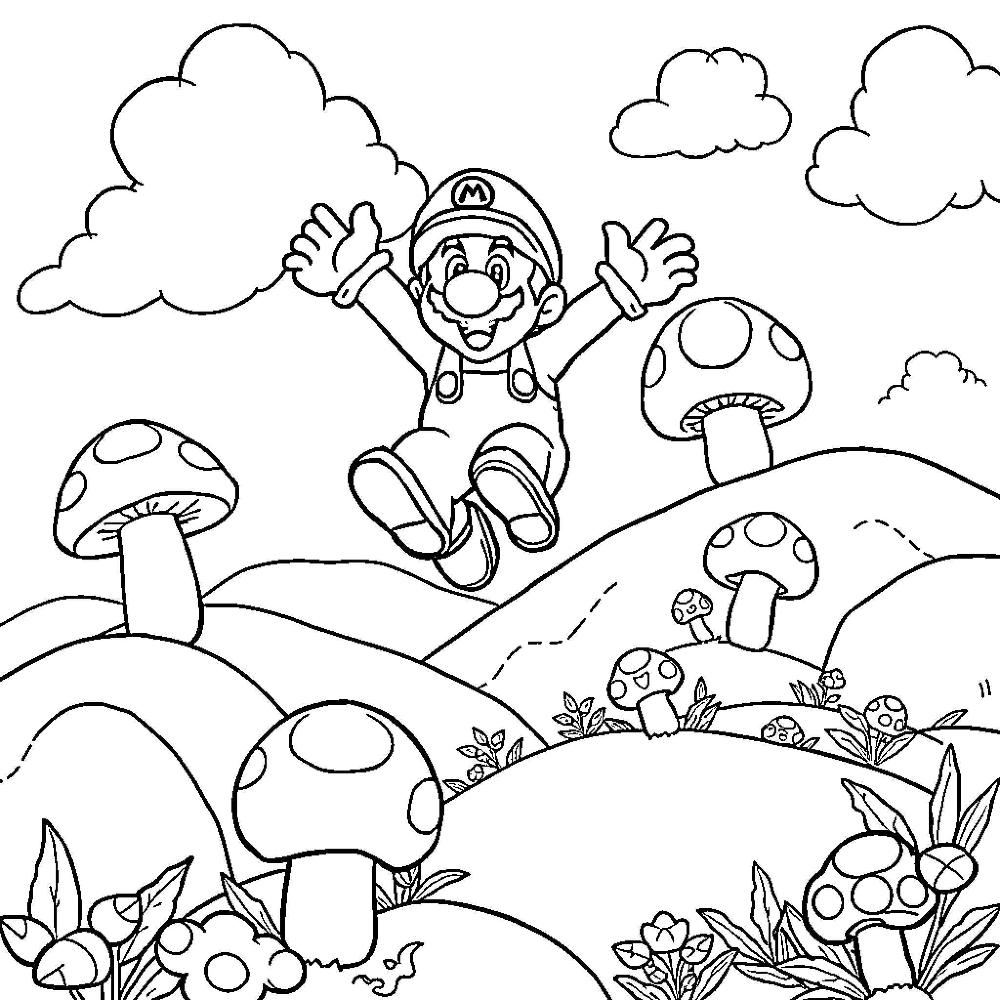 Super Mario jumping joyfully in the mushroom forest Coloring Page (free black-and-white line drawing printable PDF for all, from beginners to advanced learners, including children, teens, adults, and seniors)