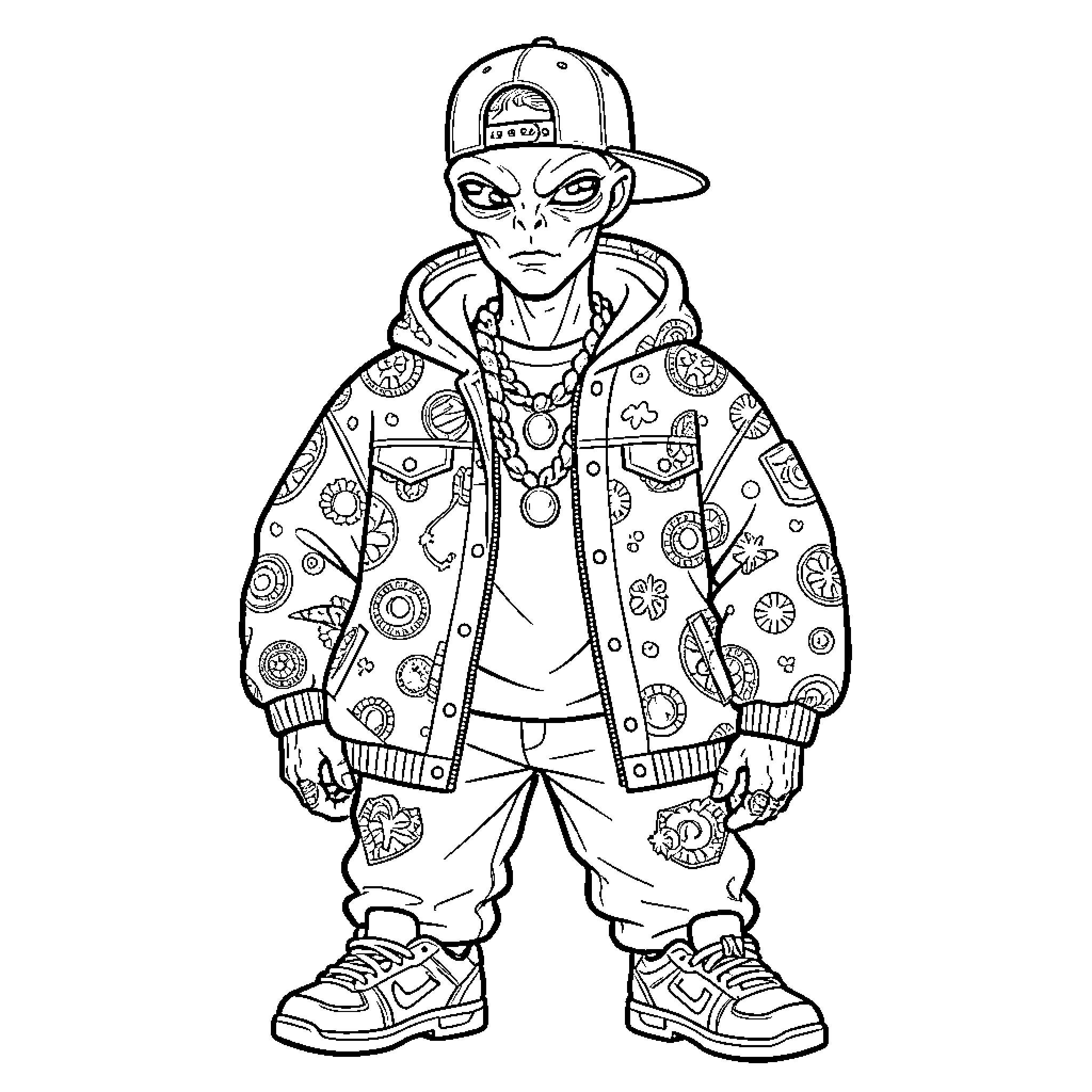 Alien Wearing Funky Patterned Outfit and Baseball Cap Coloring Page (free black-and-white line drawing printable PDF for all, from beginners to advanced learners, including children, teens, adults, and seniors)