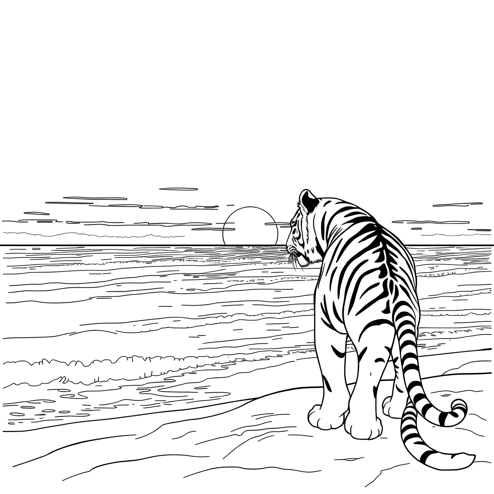 Tiger watching the sunset along the shoreline Coloring Page (free black-and-white line drawing printable PDF for all, from beginners to advanced learners, including children, teens, adults, and seniors)