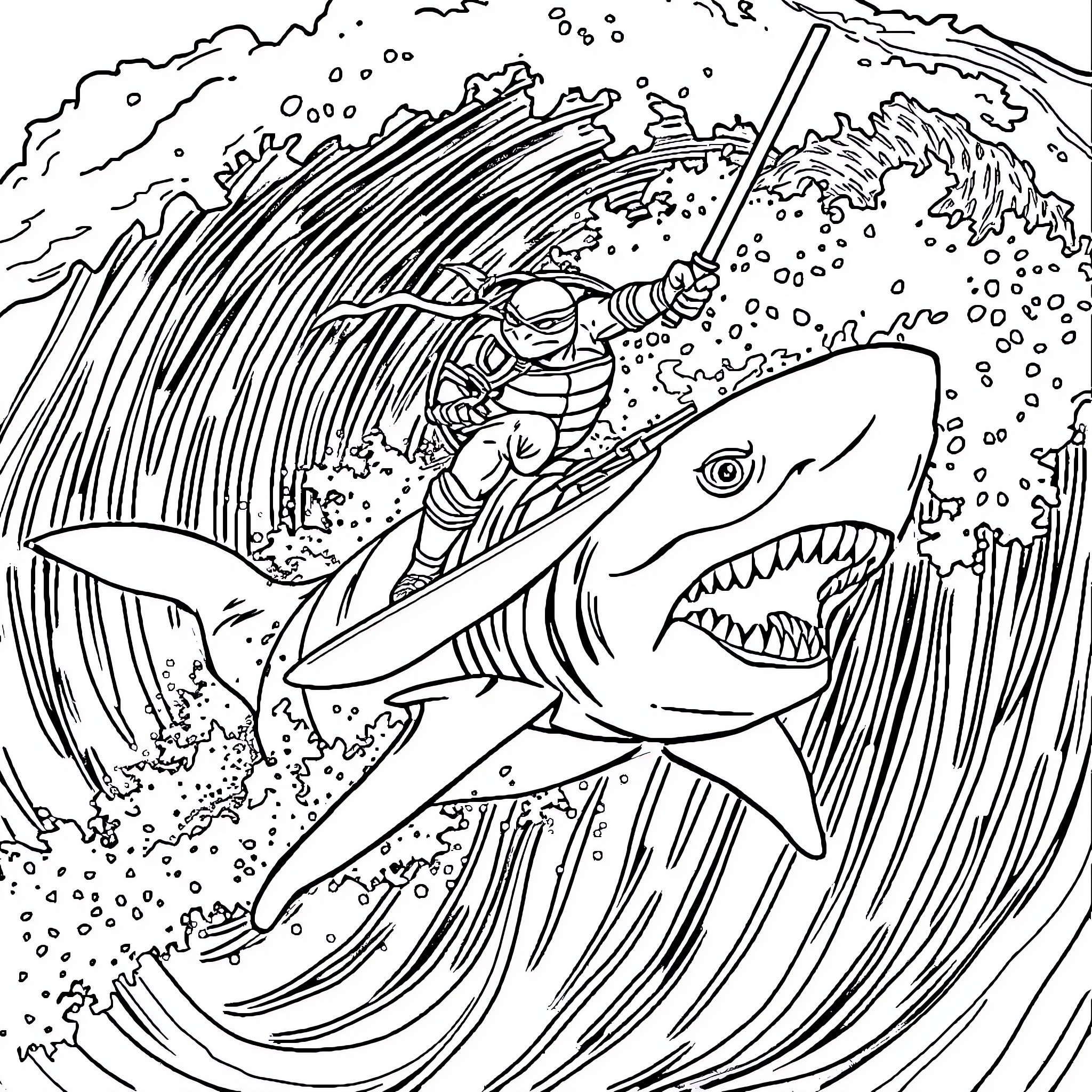 Ninja Turtle surfing giant shark in stormy waves Coloring Page (free black-and-white line drawing printable PDF for all, from beginners to advanced learners, including children, teens, adults, and seniors)