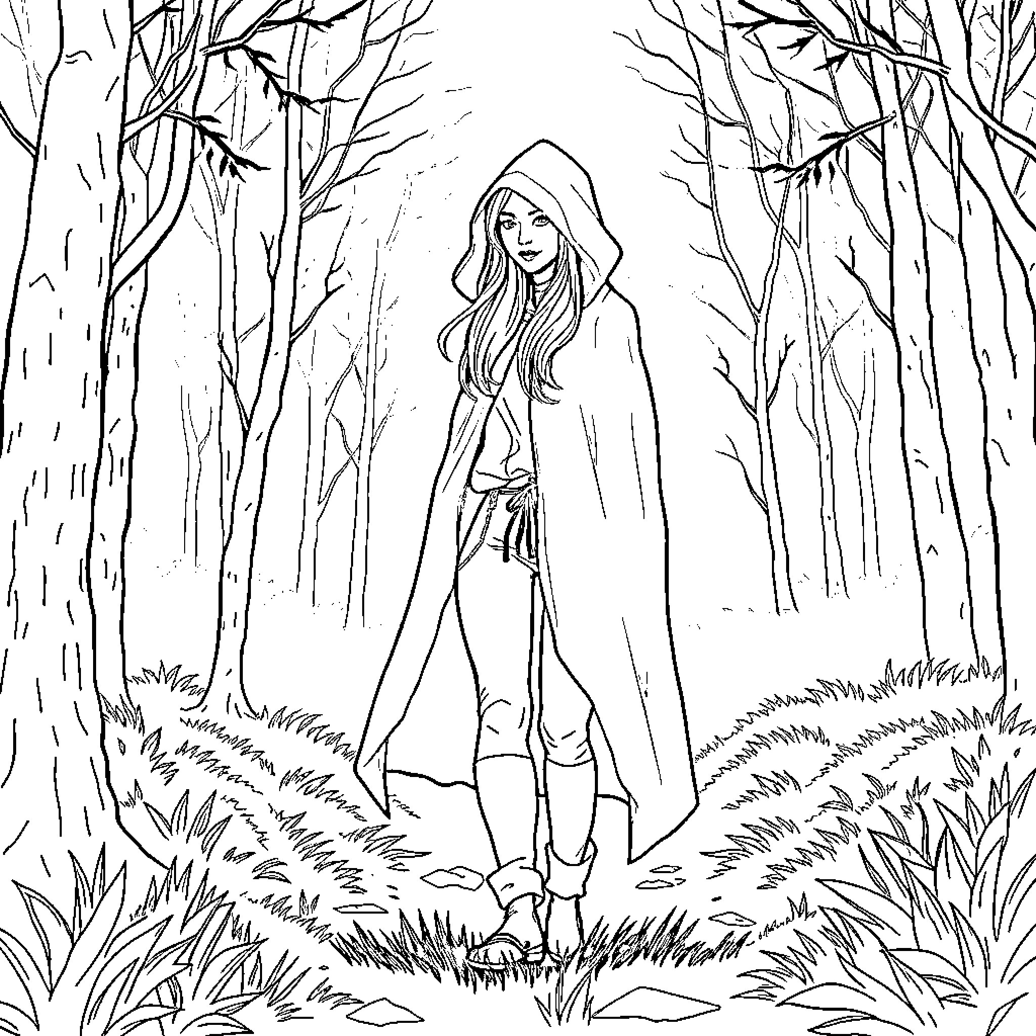Little Red Riding Hood Exploring the Enchanted Forest Coloring Page (free black-and-white line drawing printable PDF for all, from beginners to advanced learners, including children, teens, adults, and seniors)