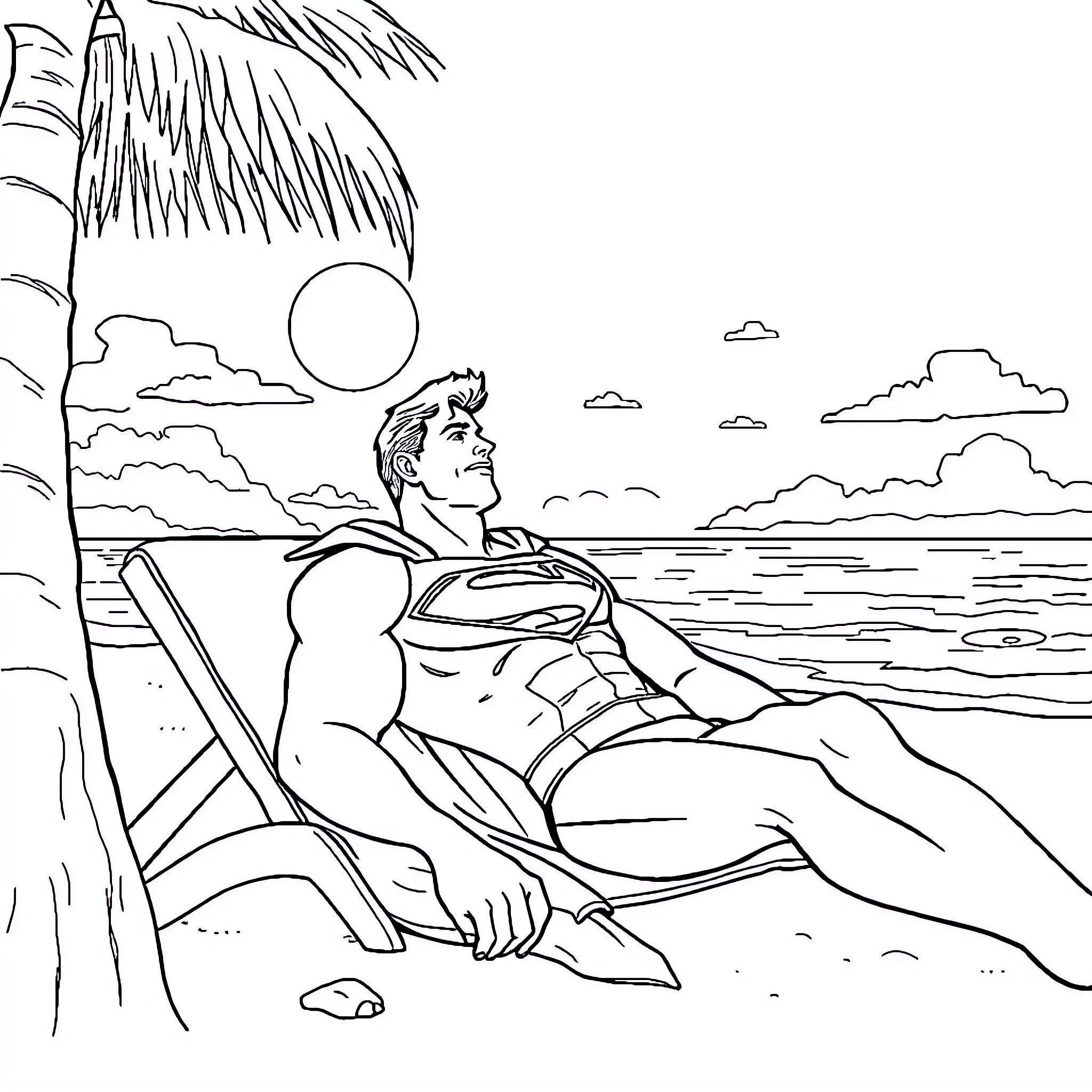 Superman relaxing on the beach Coloring Page (free black-and-white line drawing printable PDF for all, from beginners to advanced learners, including children, teens, adults, and seniors)
