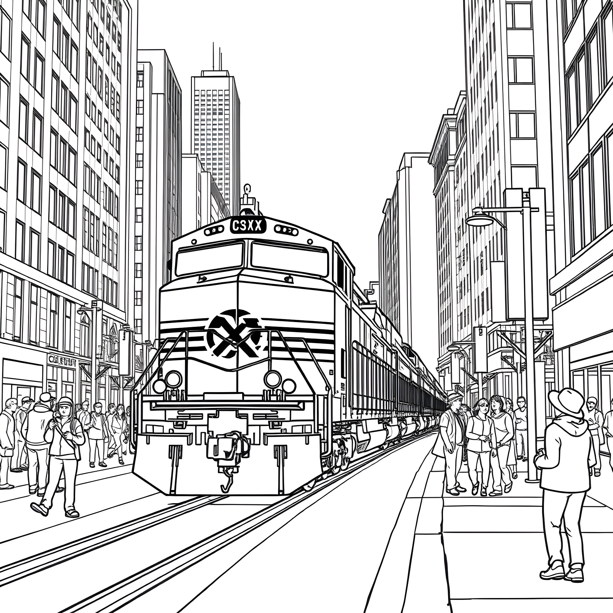 Train passing through busy urban city street Coloring Page (free black-and-white line drawing printable PDF for all, from beginners to advanced learners, including children, teens, adults, and seniors)