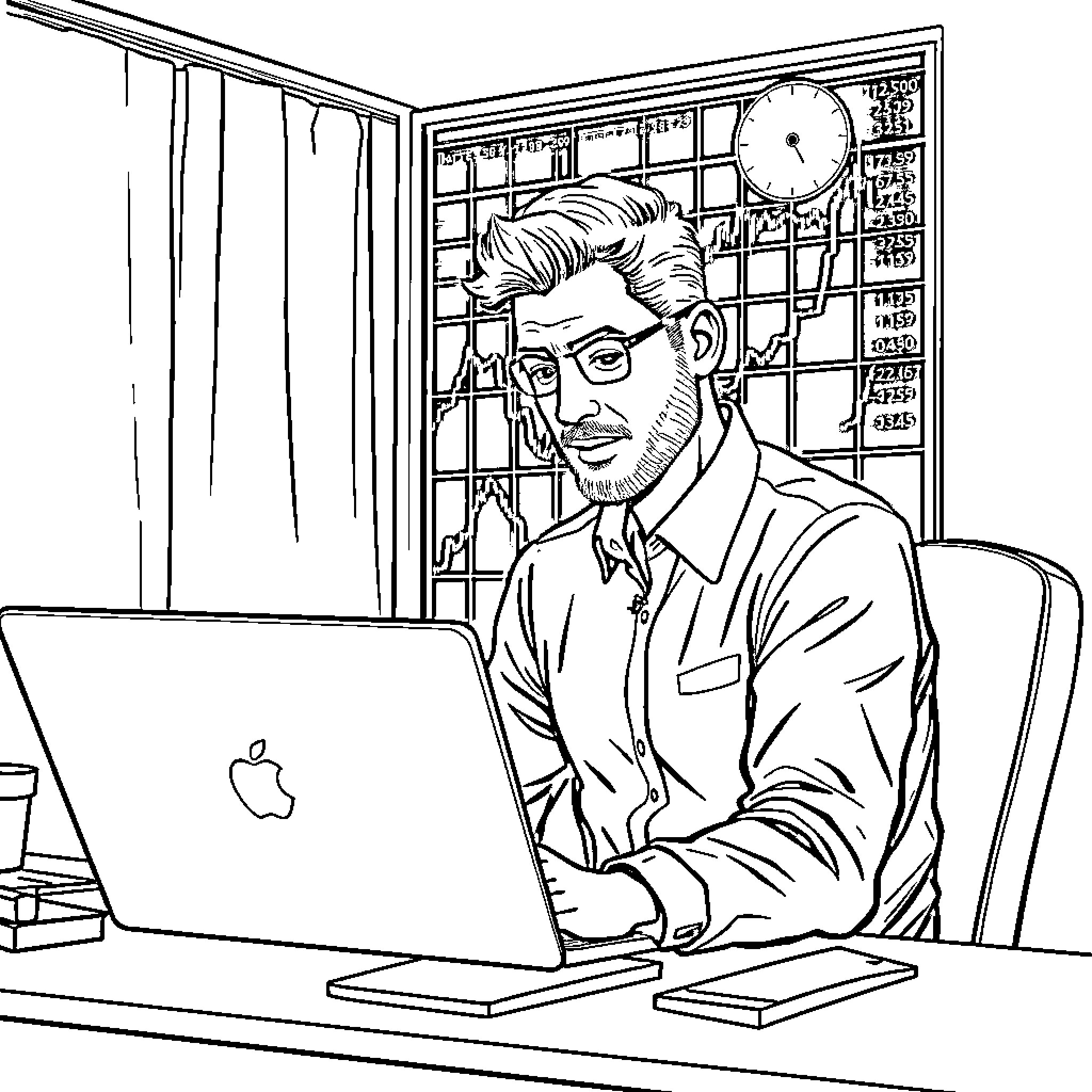 Man working intently on a laptop in an office Coloring Page (free black-and-white line drawing printable PDF for all, from beginners to advanced learners, including children, teens, adults, and seniors)