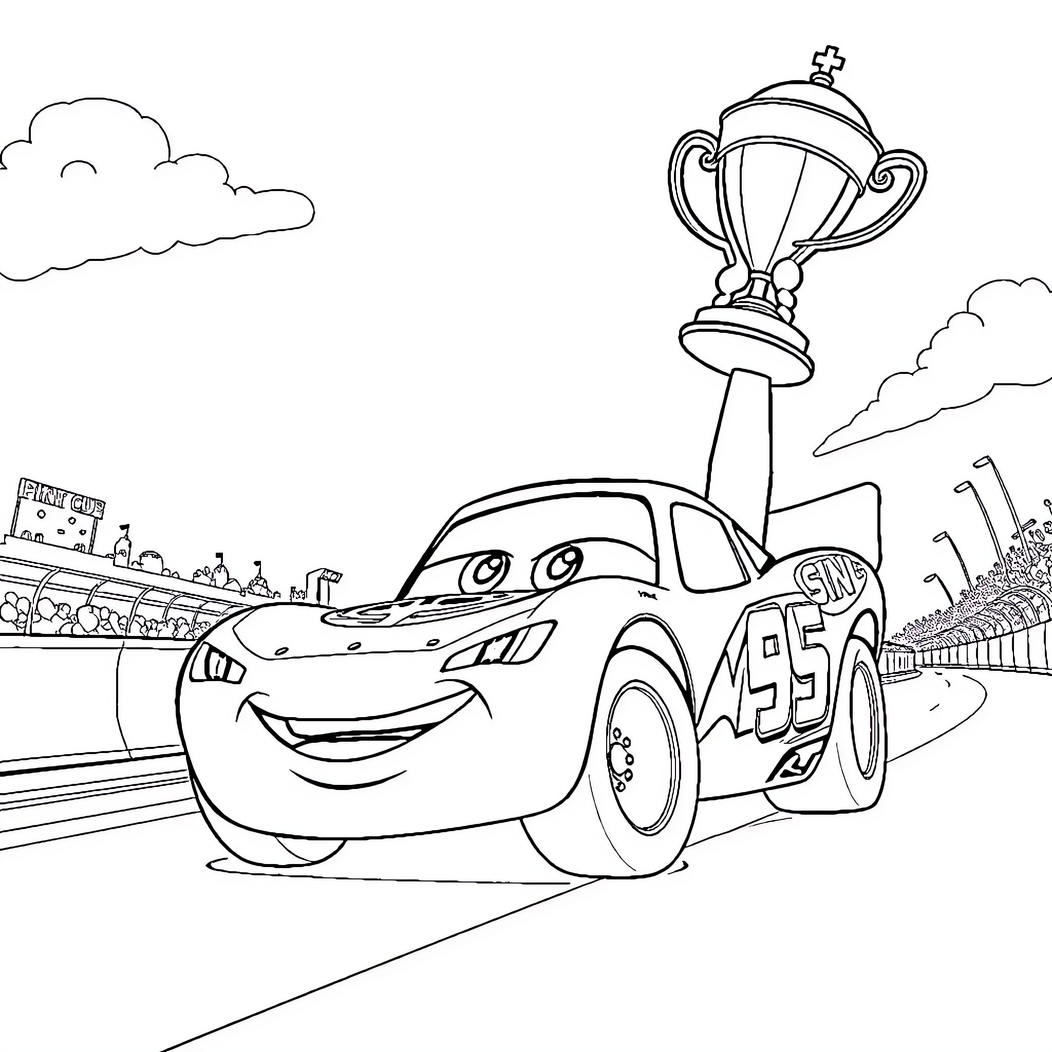 Lightning McQueen winning the race with a trophy Coloring Page (free black-and-white line drawing printable PDF for all, from beginners to advanced learners, including children, teens, adults, and seniors)
