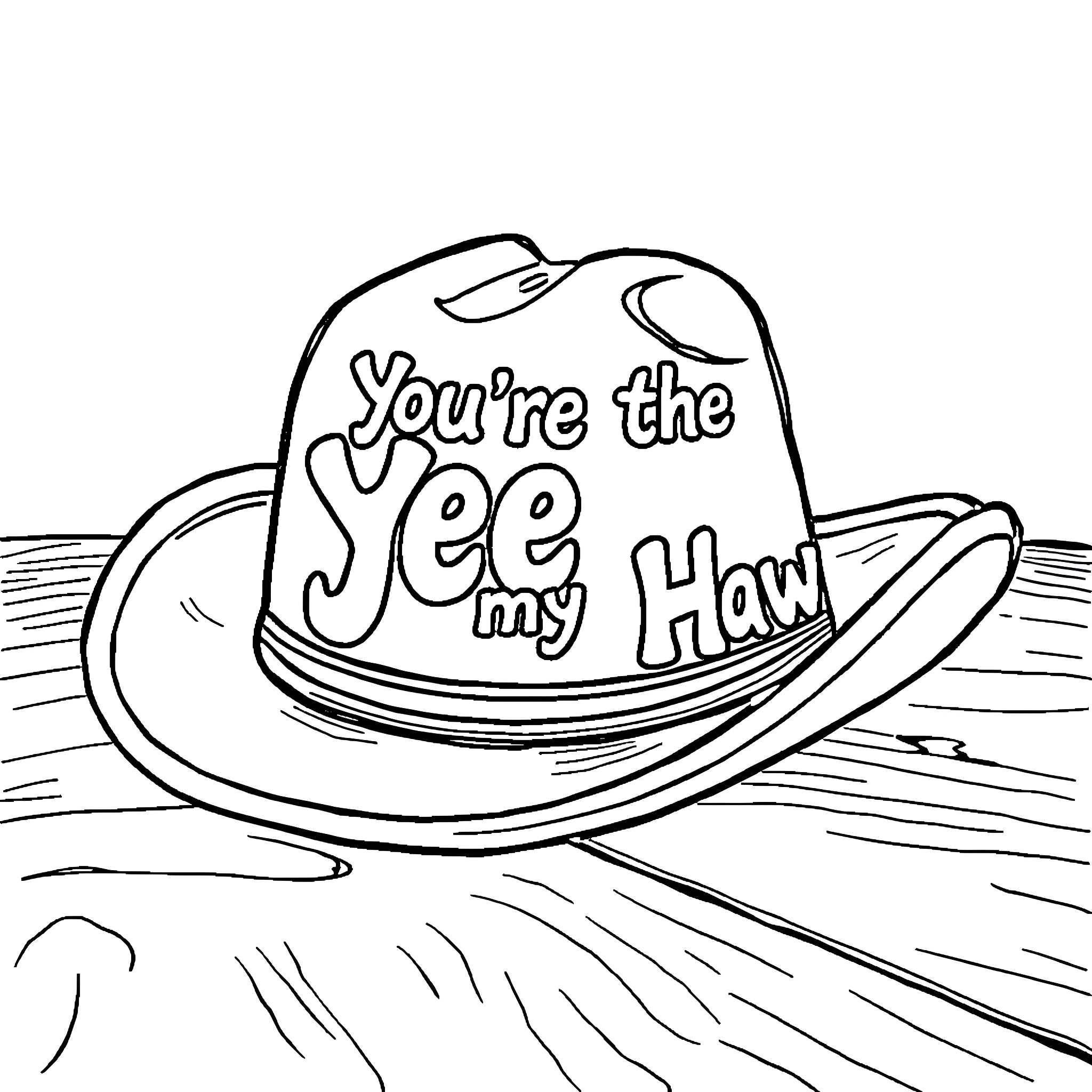 Cowboy Hat with Playful Message Coloring Page (free black-and-white line drawing printable PDF for all, from beginners to advanced learners, including children, teens, adults, and seniors)