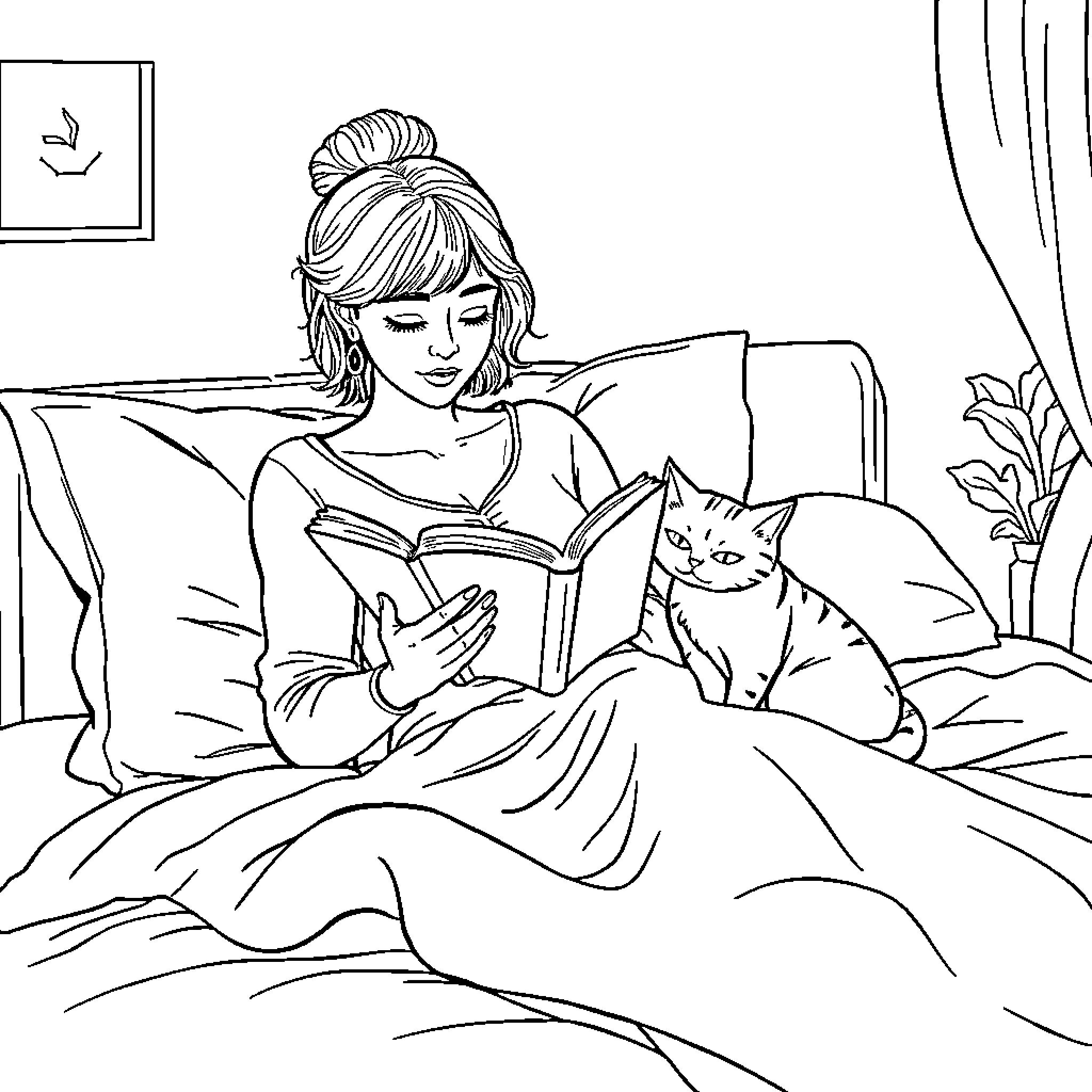 Woman reading book with pet cat on bed Coloring Page (free black-and-white line drawing printable PDF for all, from beginners to advanced learners, including children, teens, adults, and seniors)