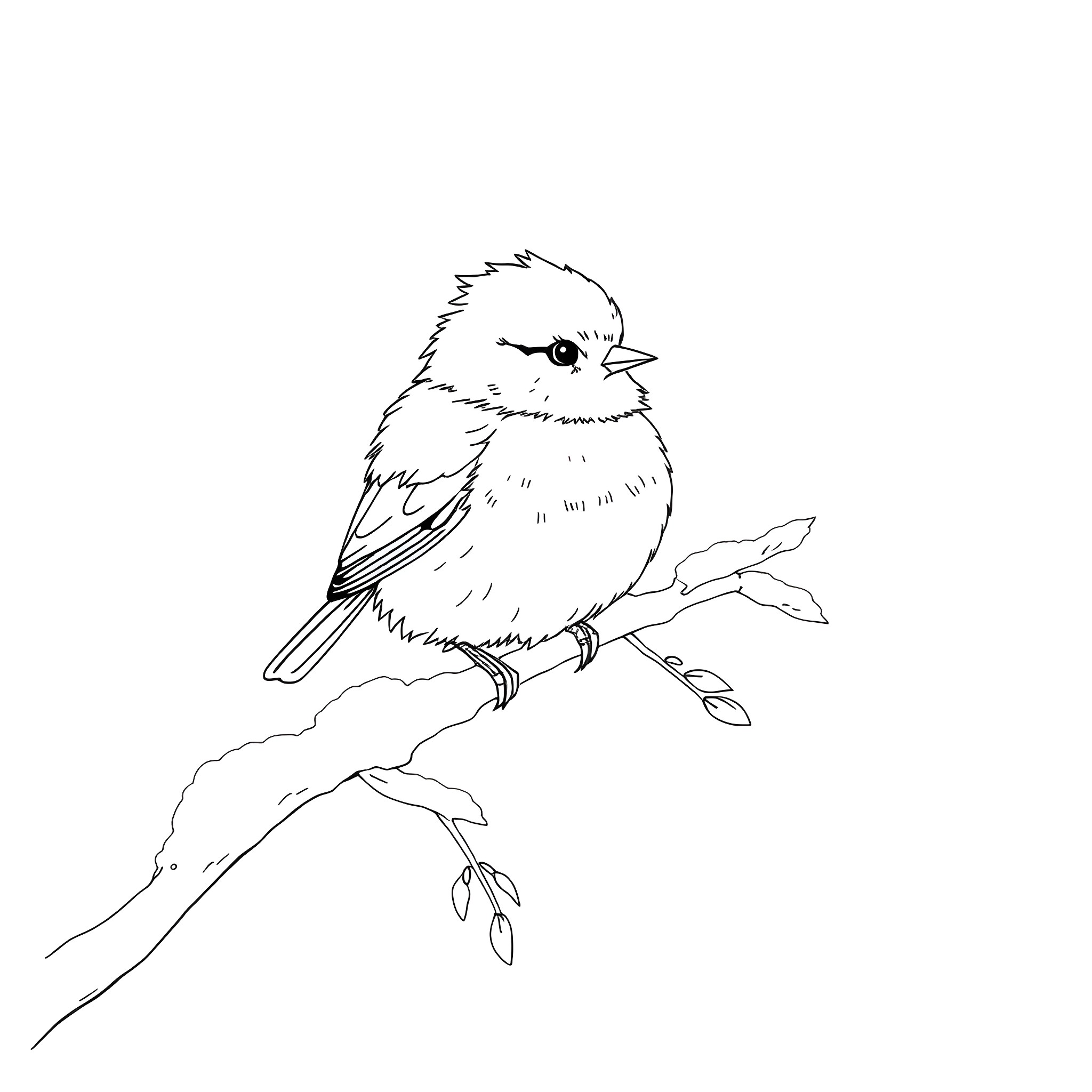 Shima Enaga perched on a branch Coloring Page (free black-and-white line drawing printable PDF for all, from beginners to advanced learners, including children, teens, adults, and seniors)