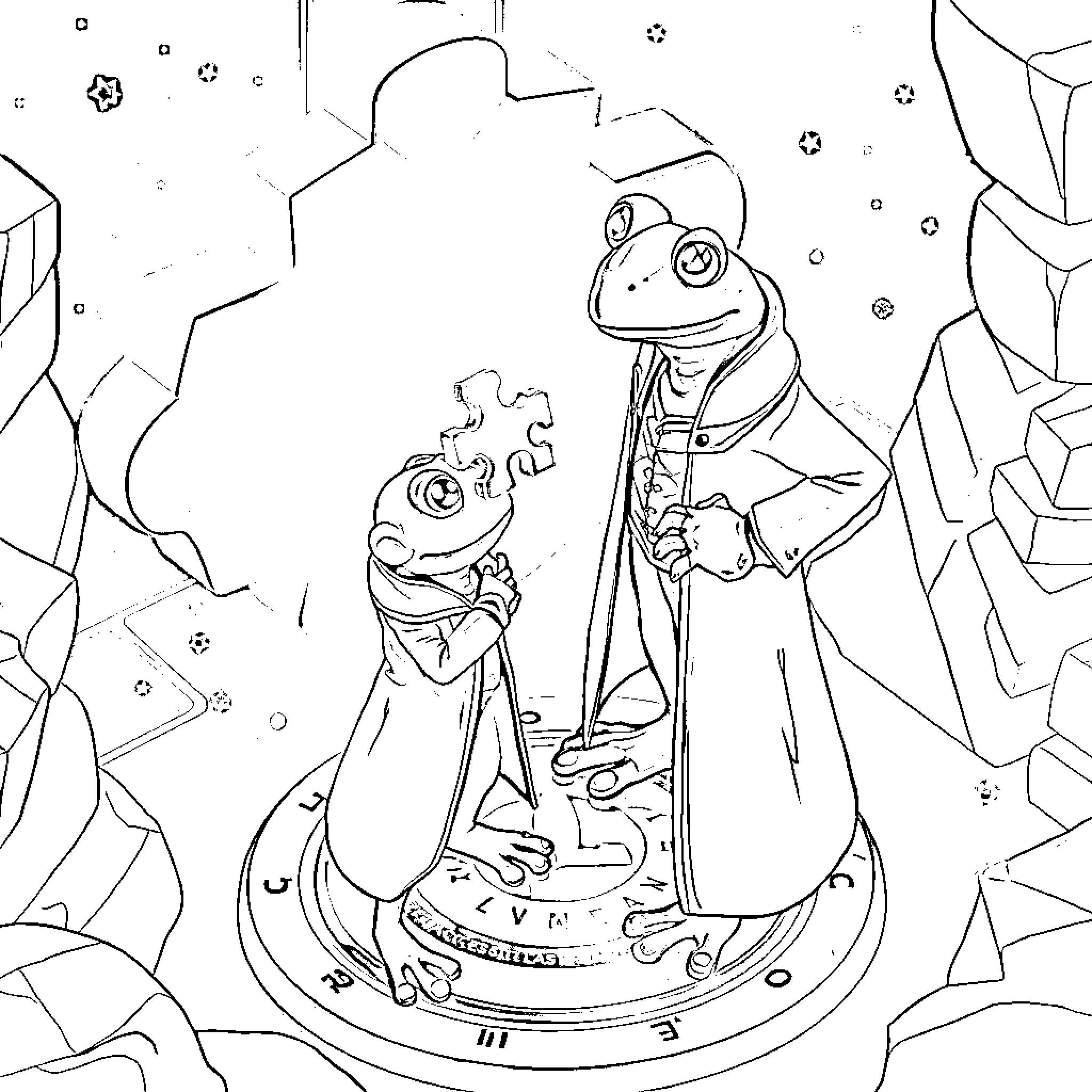 Pepe frogs in a whimsical fantasy landscape Coloring Page (free black-and-white line drawing printable PDF for all, from beginners to advanced learners, including children, teens, adults, and seniors)