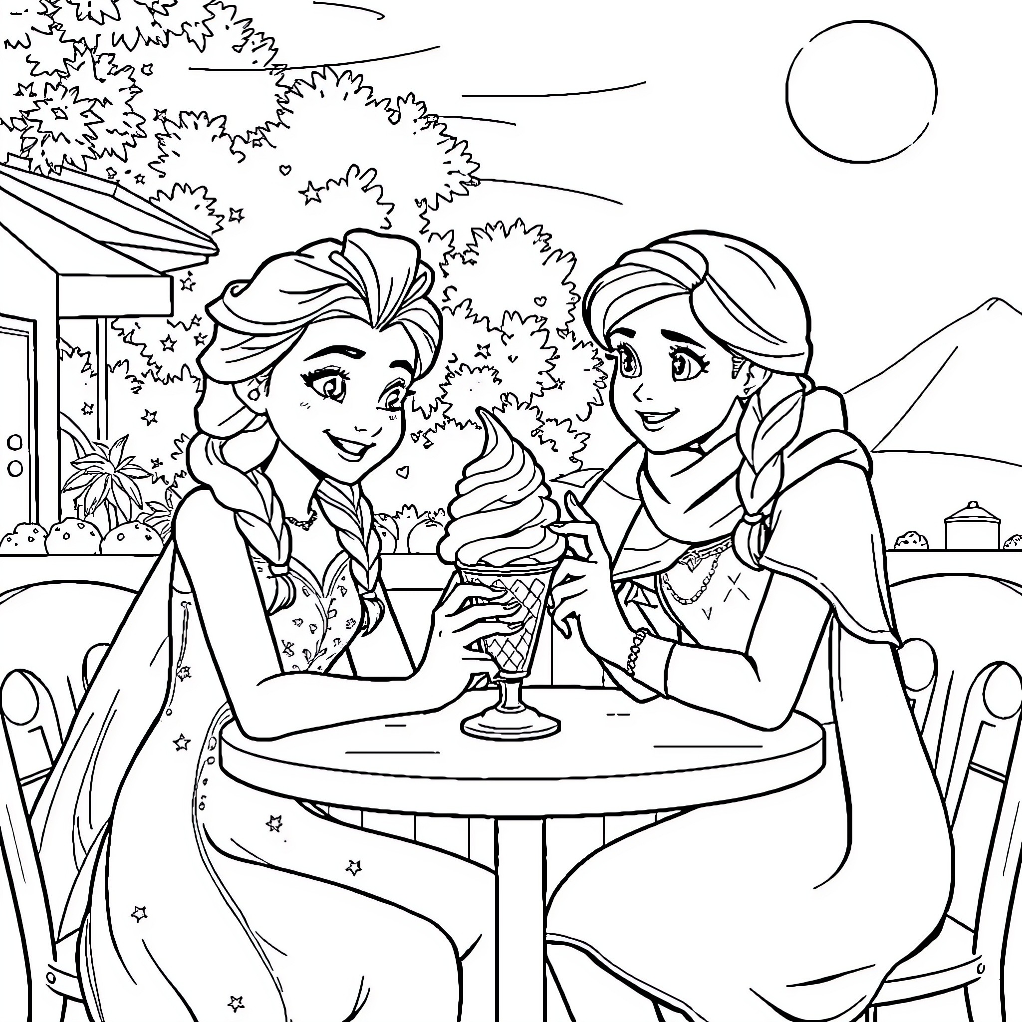 Elsa and Anna enjoying a picnic under the stars Coloring Page (free black-and-white line drawing printable PDF for all, from beginners to advanced learners, including children, teens, adults, and seniors)
