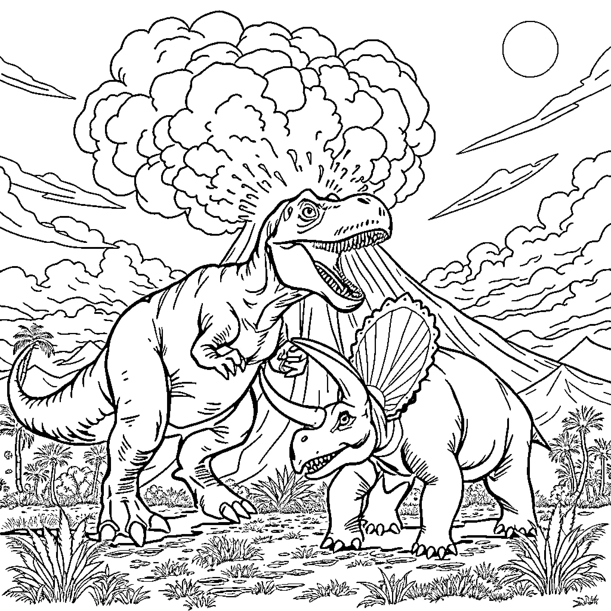 Dinosaur Duo Roaring in the Prehistoric Landscape Coloring Page (free black-and-white line drawing printable PDF for all, from beginners to advanced learners, including children, teens, adults, and seniors)