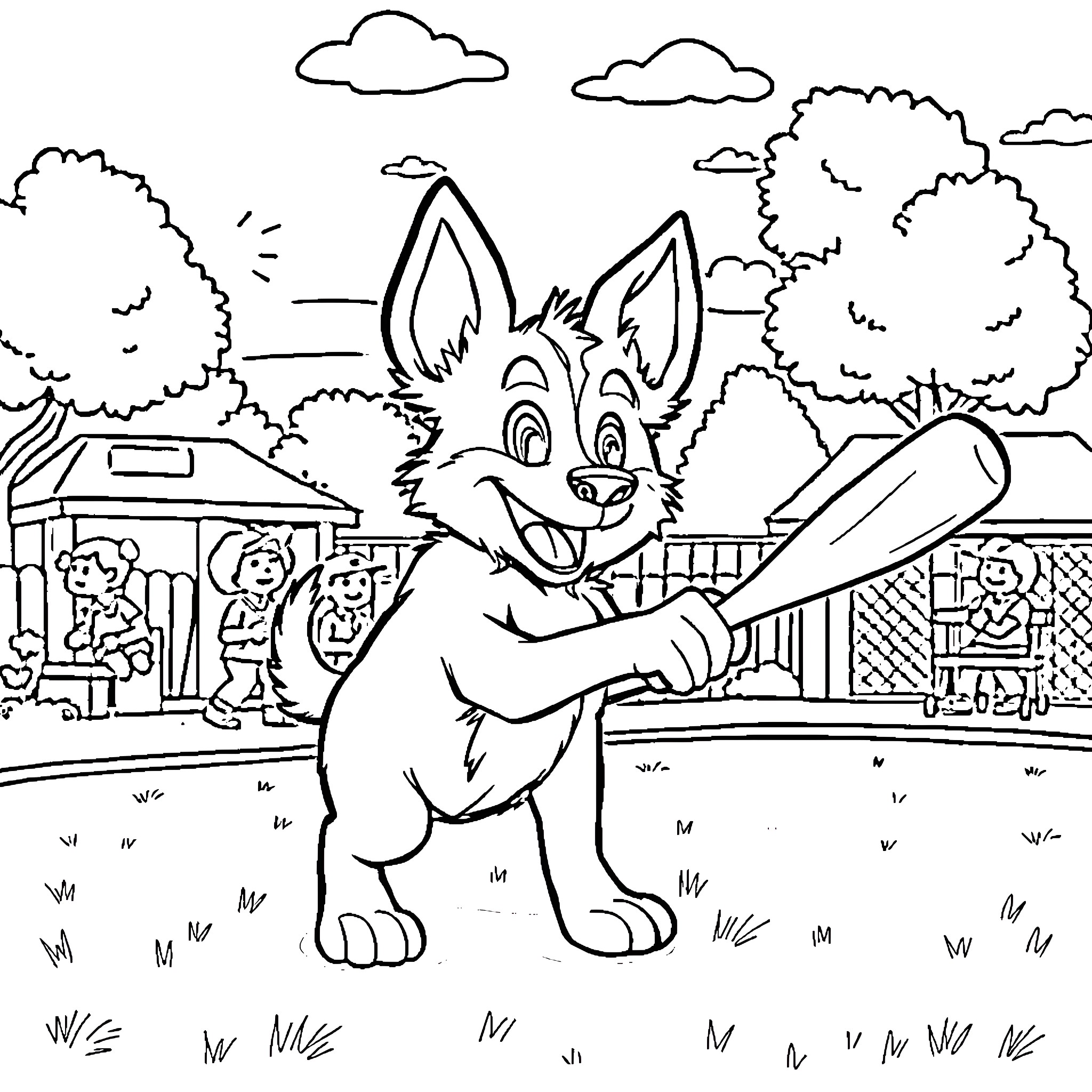 Bluey playing with friends in the backyard Coloring Page (free black-and-white line drawing printable PDF for all, from beginners to advanced learners, including children, teens, adults, and seniors)