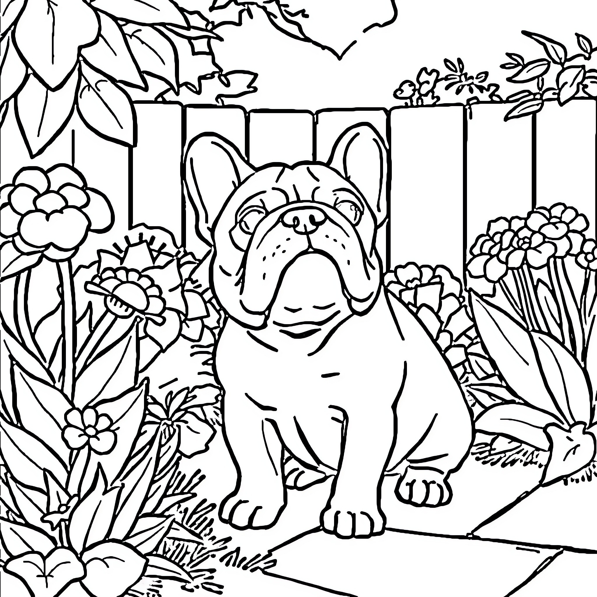 Bulldog relaxing in lush garden setting Coloring Page (free black-and-white line drawing printable PDF for all, from beginners to advanced learners, including children, teens, adults, and seniors)