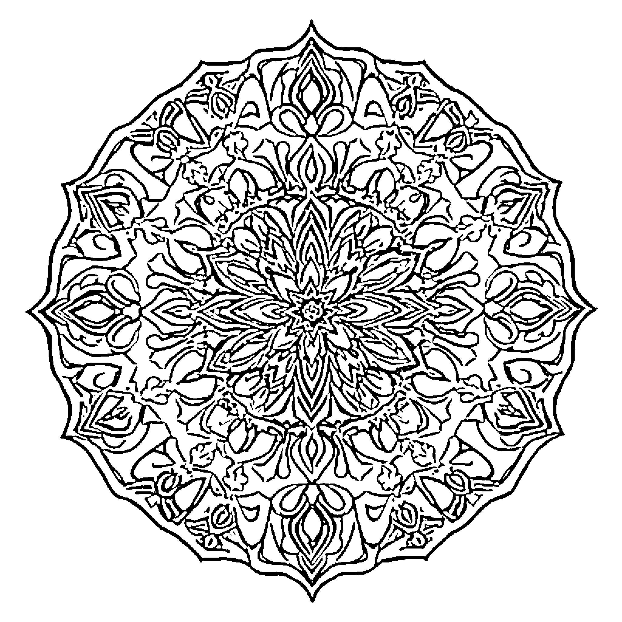 Mandala with intricate floral patterns and symmetry Coloring Page (free black-and-white line drawing printable PDF for all, from beginners to advanced learners, including children, teens, adults, and seniors)