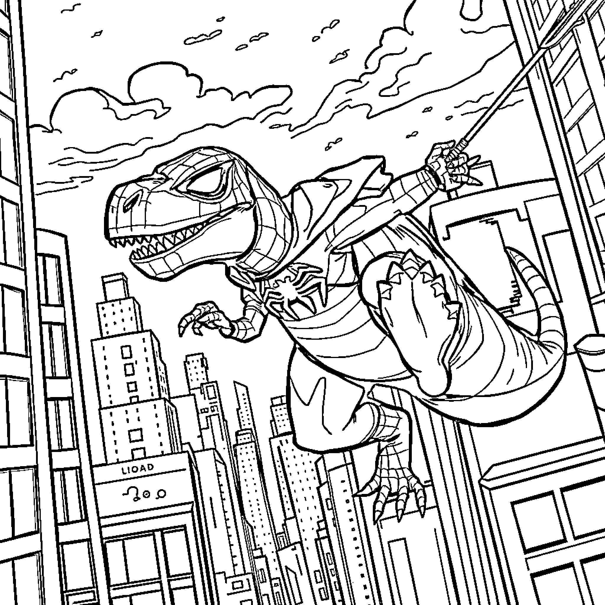 Dino Spiderman swings through the city on a web Coloring Page (free black-and-white line drawing printable PDF for all, from beginners to advanced learners, including children, teens, adults, and seniors)