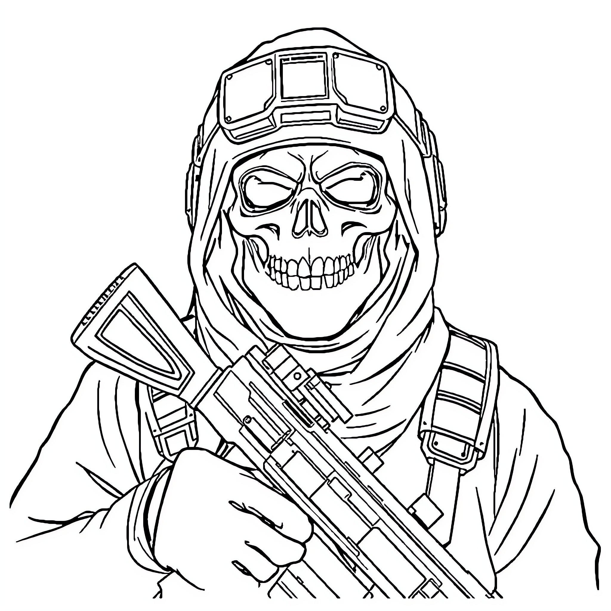 Ghost skull warrior with combat gear Coloring Page (free black-and-white line drawing printable PDF for all, from beginners to advanced learners, including children, teens, adults, and seniors)