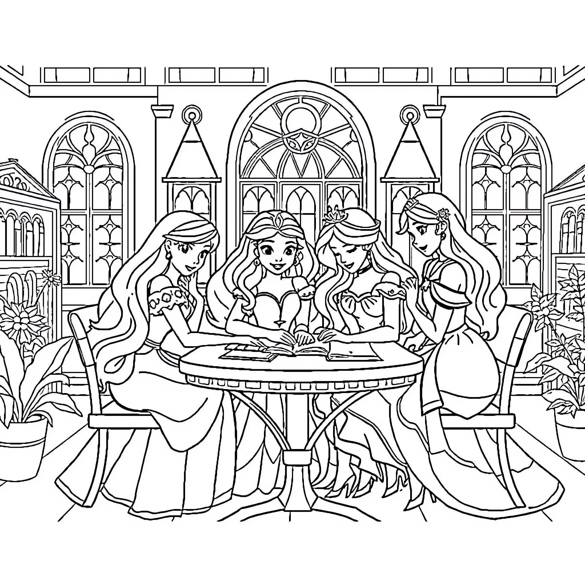 Princess Friends Enjoying Tea Time in Elegant Castle Coloring Page (free black-and-white line drawing printable PDF for all, from beginners to advanced learners, including children, teens, adults, and seniors)