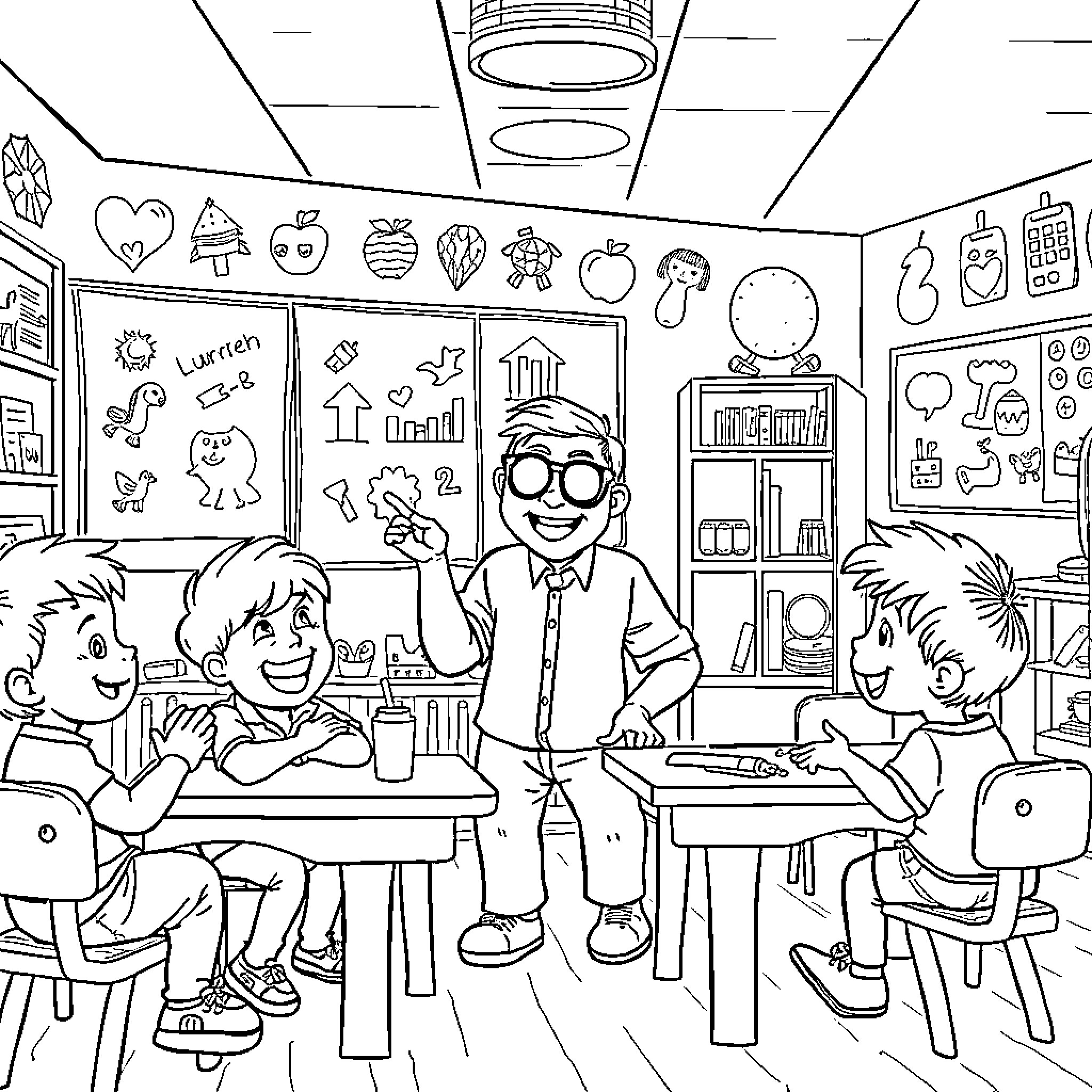 Child learns enthusiastically in the classroom Coloring Page (free black-and-white line drawing printable PDF for all, from beginners to advanced learners, including children, teens, adults, and seniors)