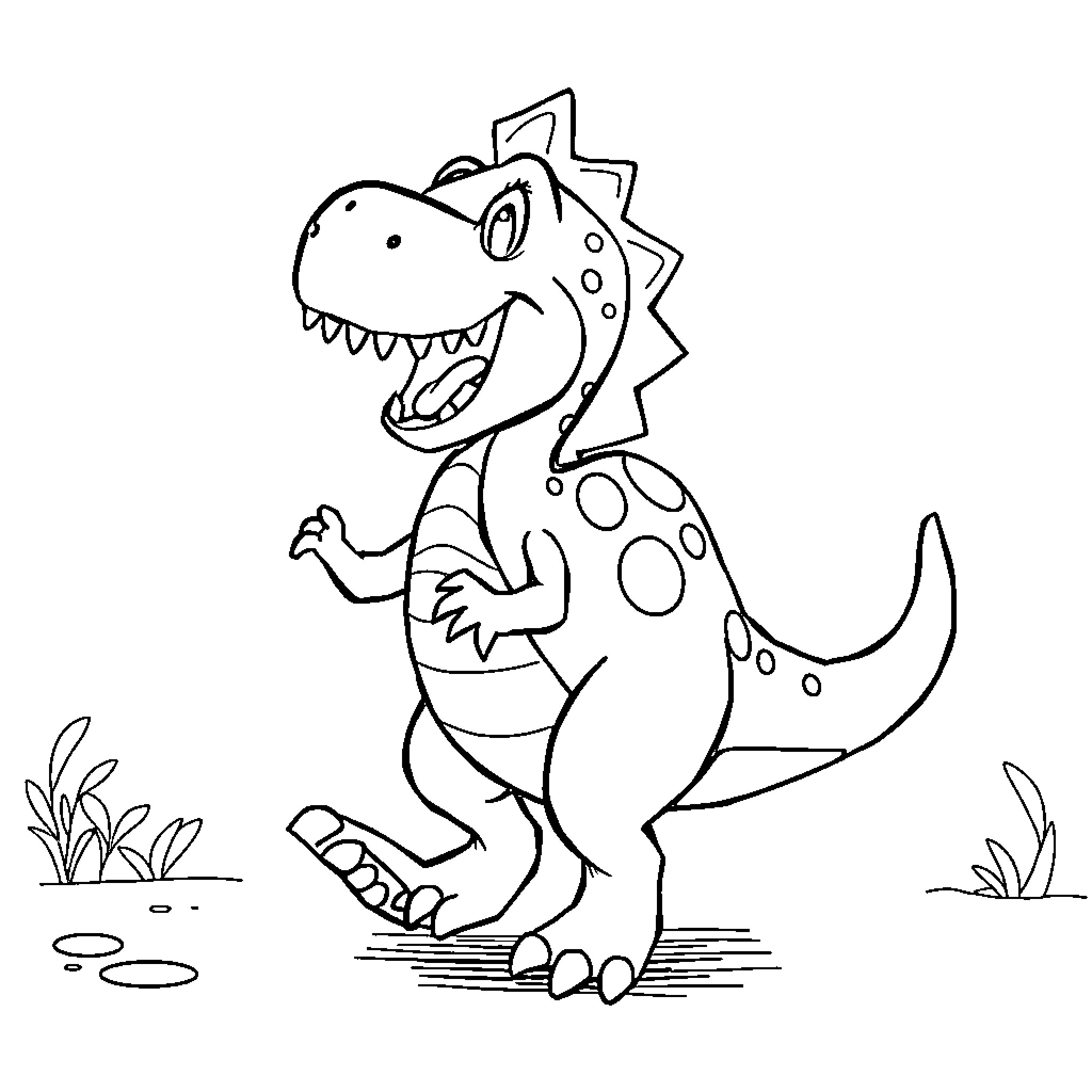 Dinosaur happily stomping through the grass Coloring Page (free black-and-white line drawing printable PDF for all, from beginners to advanced learners, including children, teens, adults, and seniors)