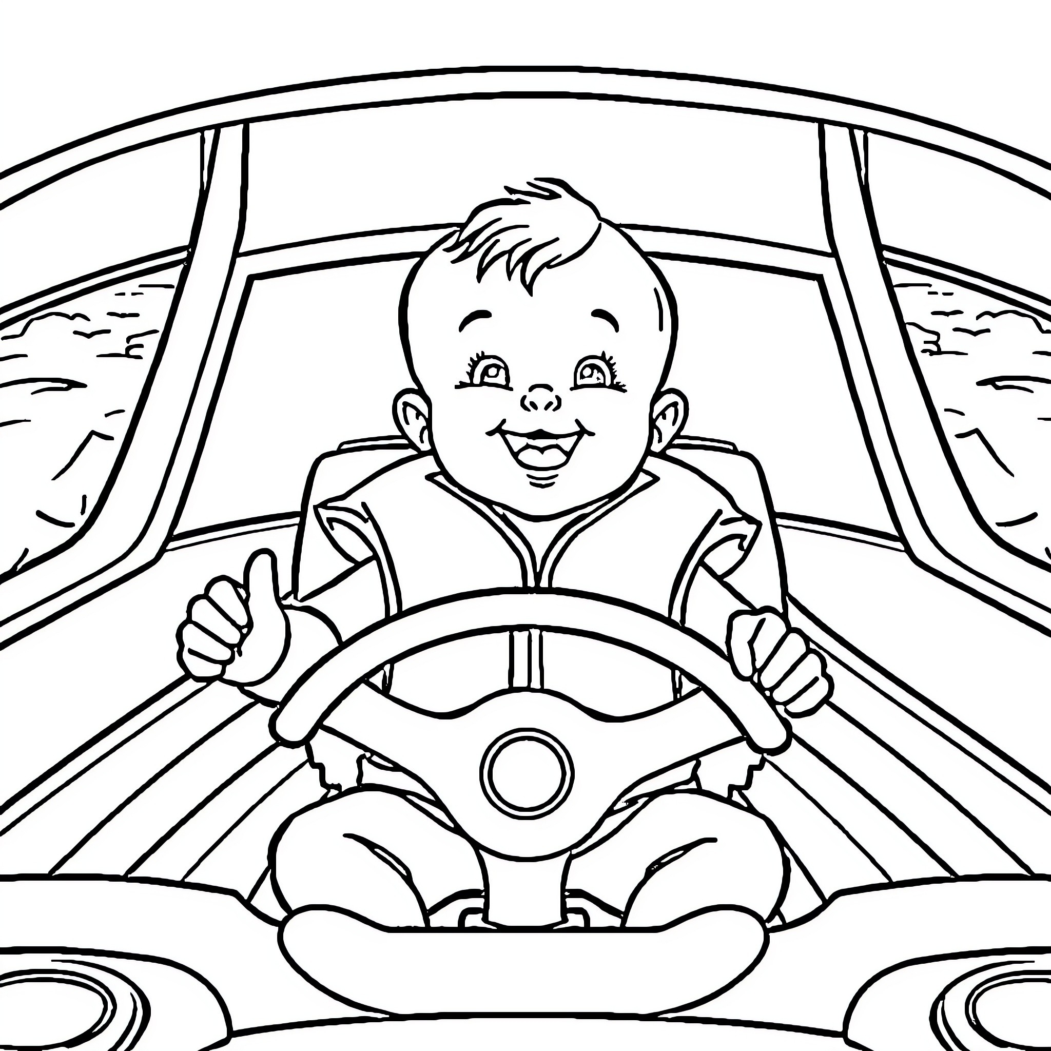 Baby driving joyfully in car Coloring Page (free black-and-white line drawing printable PDF for all, from beginners to advanced learners, including children, teens, adults, and seniors)