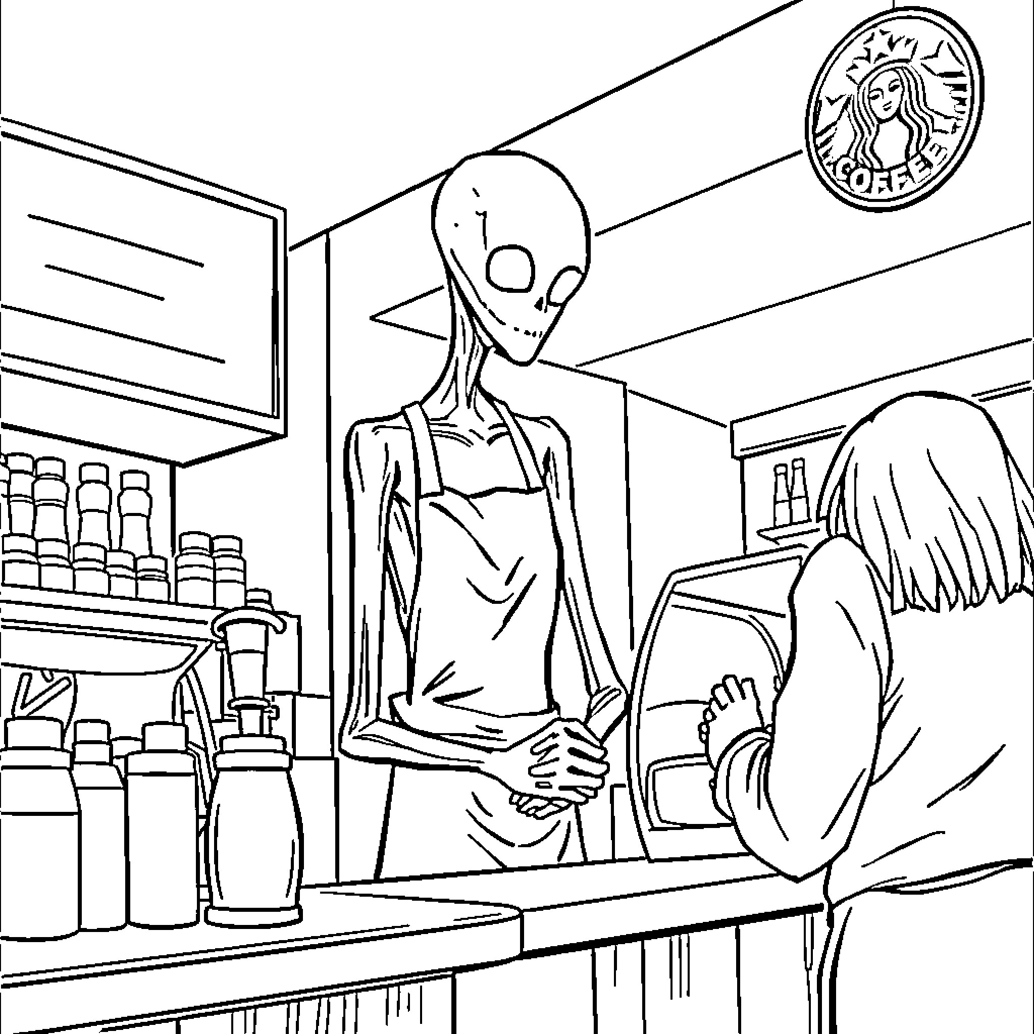 Slenderman working at a coffee shop Coloring Page (free black-and-white line drawing printable PDF for all, from beginners to advanced learners, including children, teens, adults, and seniors)