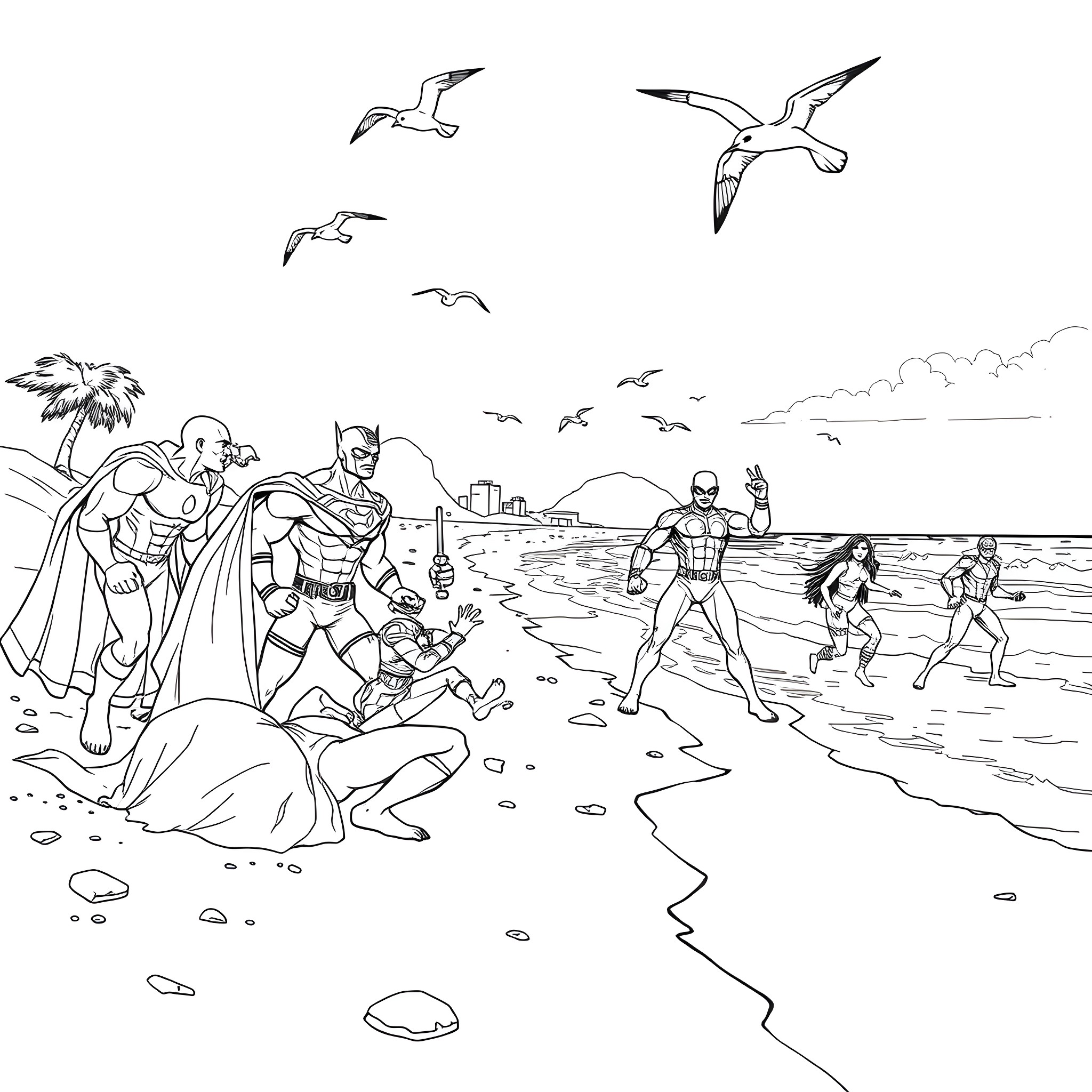 Marvel Superheroes Gather on the Beach Coloring Page (free black-and-white line drawing printable PDF for all, from beginners to advanced learners, including children, teens, adults, and seniors)
