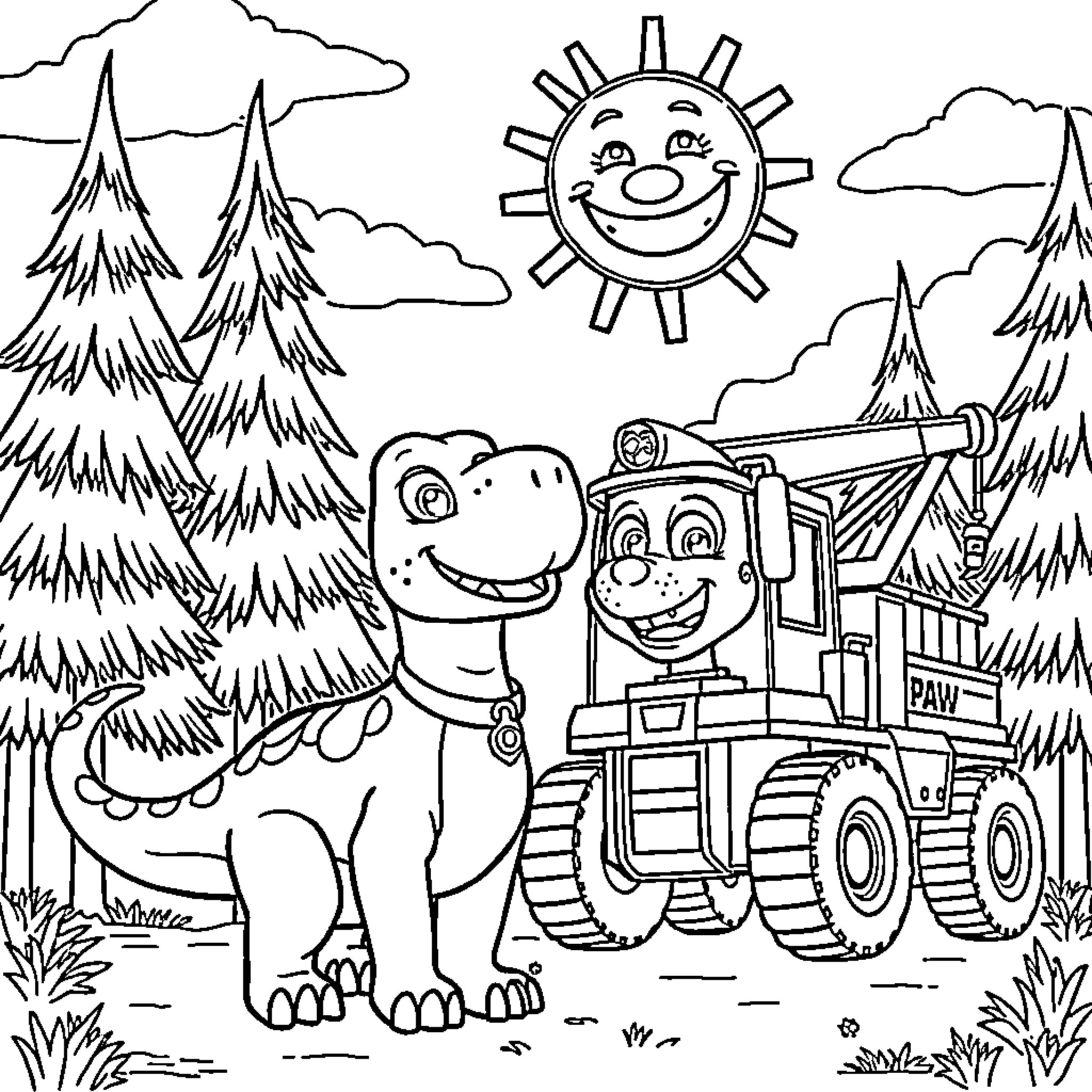 Dinosaur enjoying ride on construction vehicle in forest Coloring Page (free black-and-white line drawing printable PDF for all, from beginners to advanced learners, including children, teens, adults, and seniors)