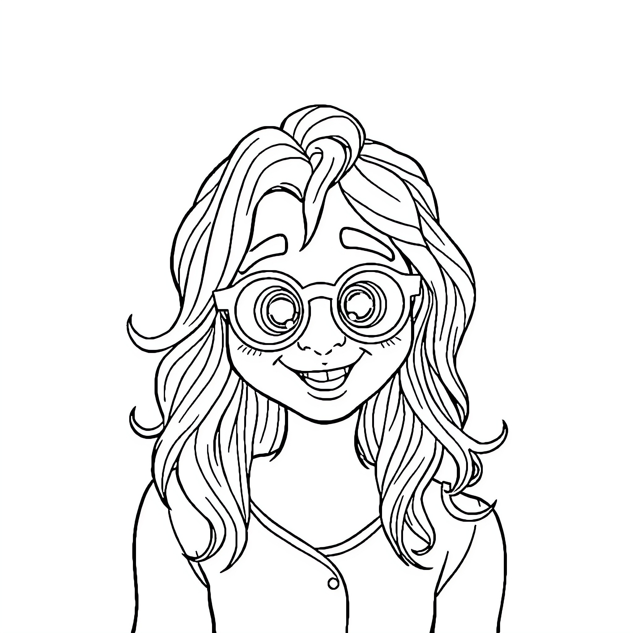 Funny Line Cartoon Girl with Glasses Coloring Page (free black-and-white line drawing printable PDF for all, from beginners to advanced learners, including children, teens, adults, and seniors)