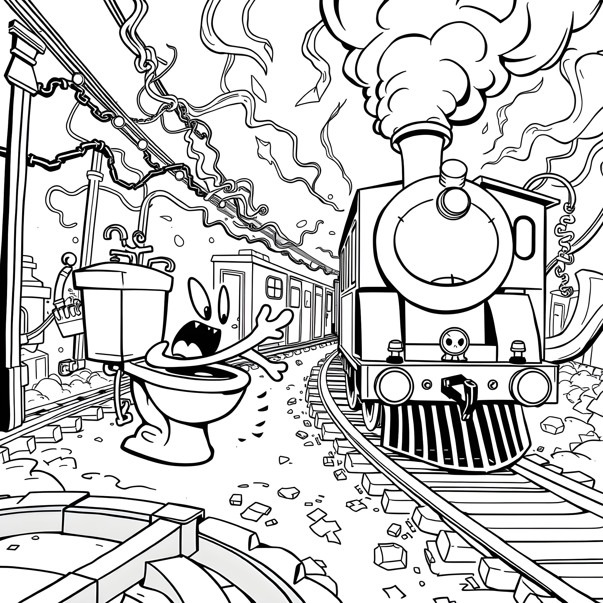 Skibidi Toilet Train Wreck Chaos Coloring Page (free black-and-white line drawing printable PDF for all, from beginners to advanced learners, including children, teens, adults, and seniors)