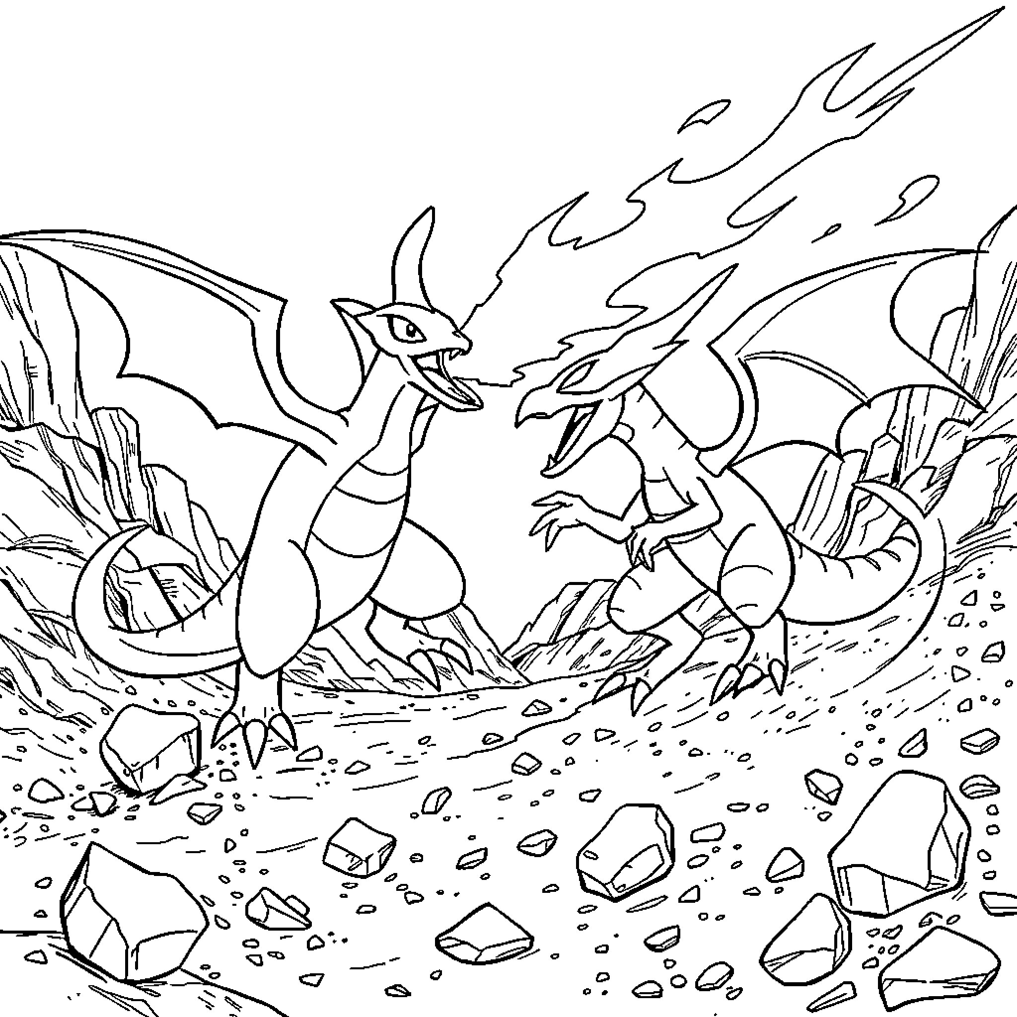 Flygon fighting alongside another dragon-like creature Coloring Page (free black-and-white line drawing printable PDF for all, from beginners to advanced learners, including children, teens, adults, and seniors)