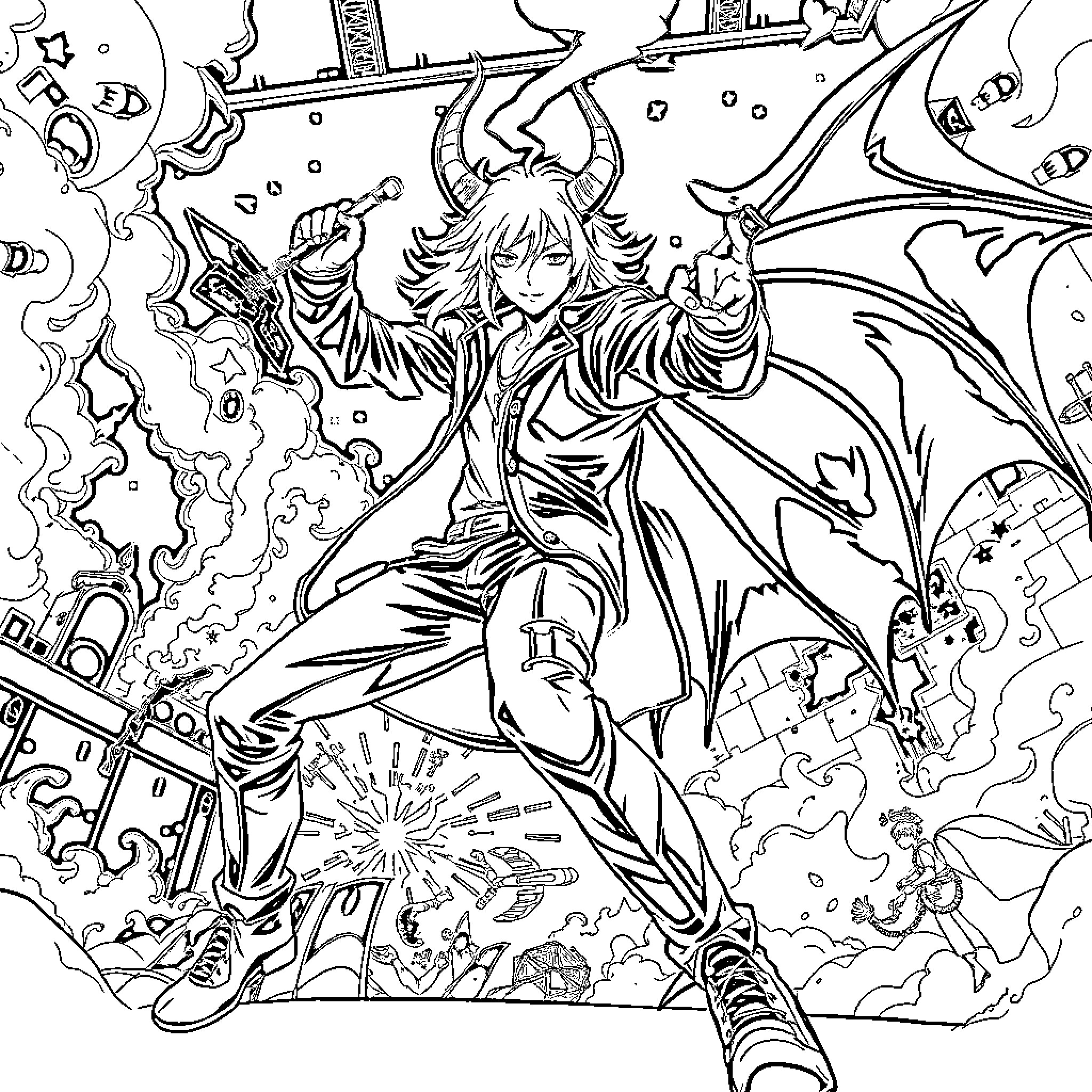 Demon Hunter in Epic Battle with Supernatural Creatures Coloring Page (free black-and-white line drawing printable PDF for all, from beginners to advanced learners, including children, teens, adults, and seniors)