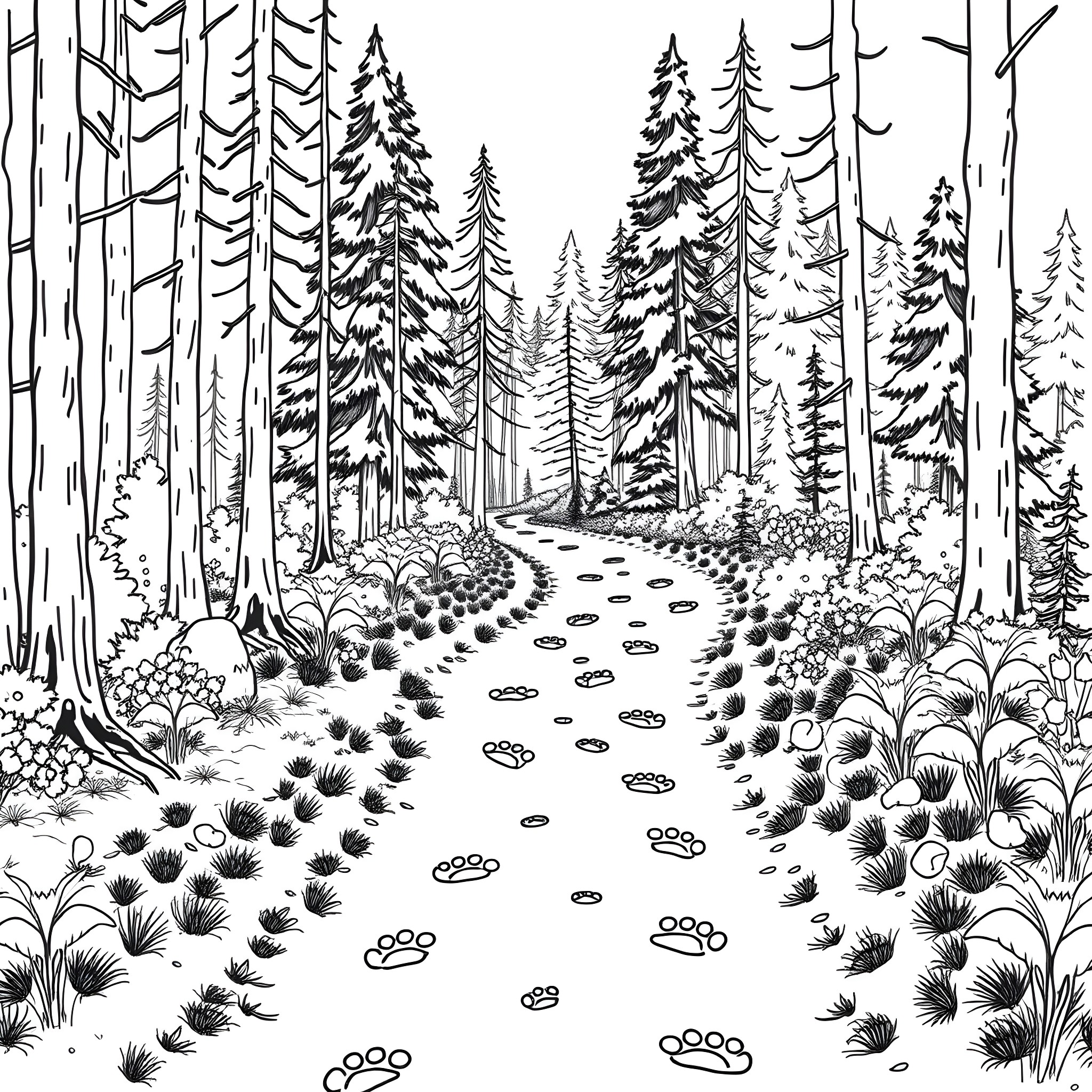 Animal Footprint in the Evergreen Forest Coloring Page (free black-and-white line drawing printable PDF for all, from beginners to advanced learners, including children, teens, adults, and seniors)