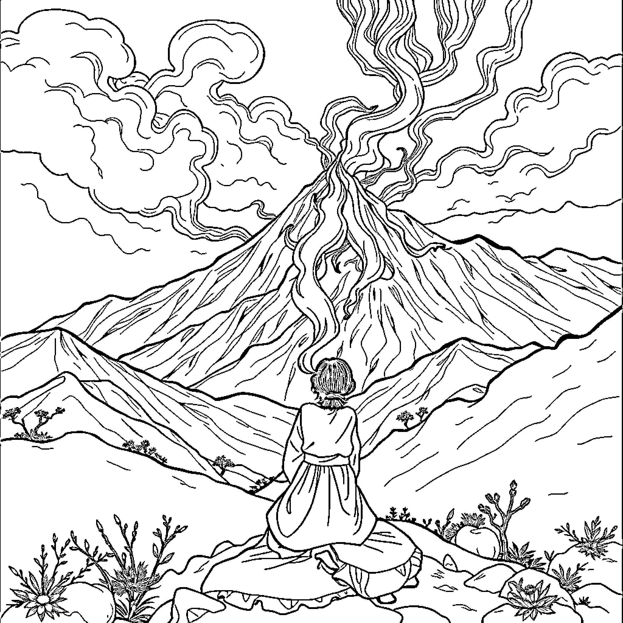 Tanjiro faces the erupting volcano with resolve Coloring Page (free black-and-white line drawing printable PDF for all, from beginners to advanced learners, including children, teens, adults, and seniors)