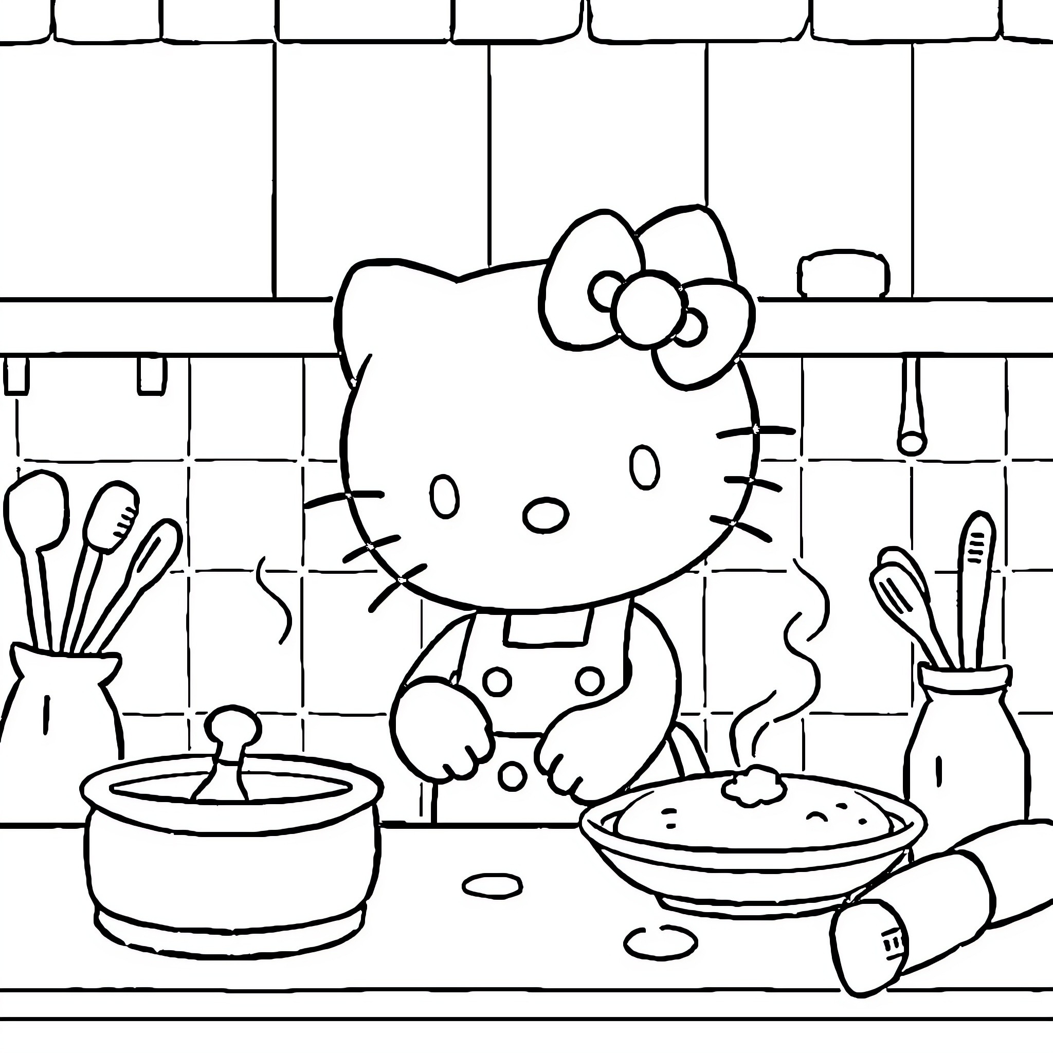 Hello Kitty cooking in the kitchen Coloring Page (free black-and-white line drawing printable PDF for all, from beginners to advanced learners, including children, teens, adults, and seniors)
