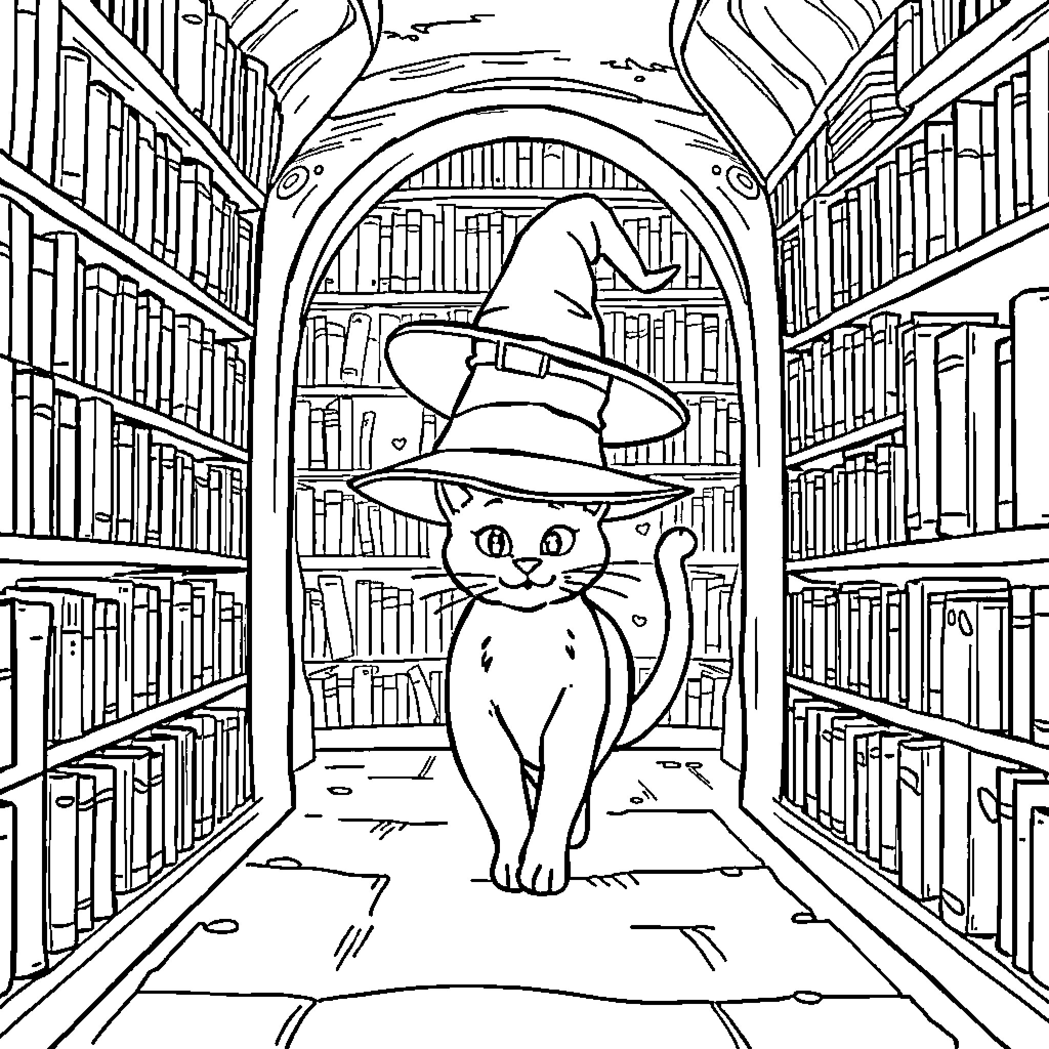 Cat Wizard in Magical Library Coloring Page (free black-and-white line drawing printable PDF for all, from beginners to advanced learners, including children, teens, adults, and seniors)