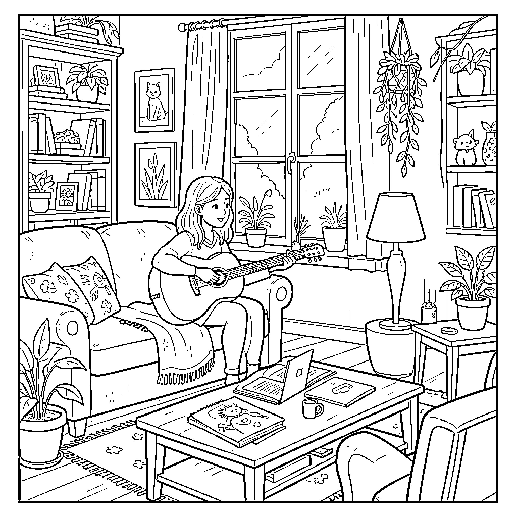Music of Cozy Indoor Moments Coloring Page (free black-and-white line drawing printable PDF for all, from beginners to advanced learners, including children, teens, adults, and seniors)