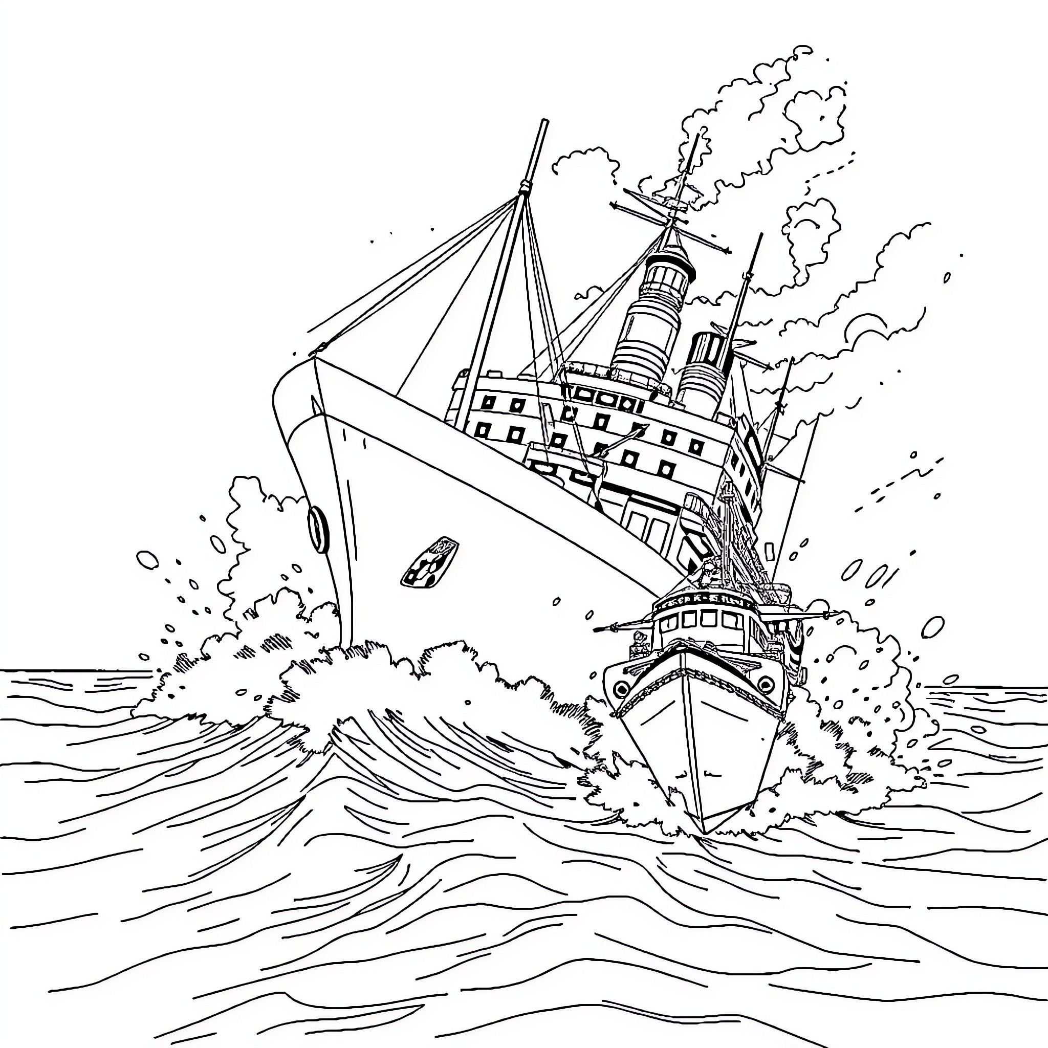 Ship sailing through stormy ocean Coloring Page (free black-and-white line drawing printable PDF for all, from beginners to advanced learners, including children, teens, adults, and seniors)