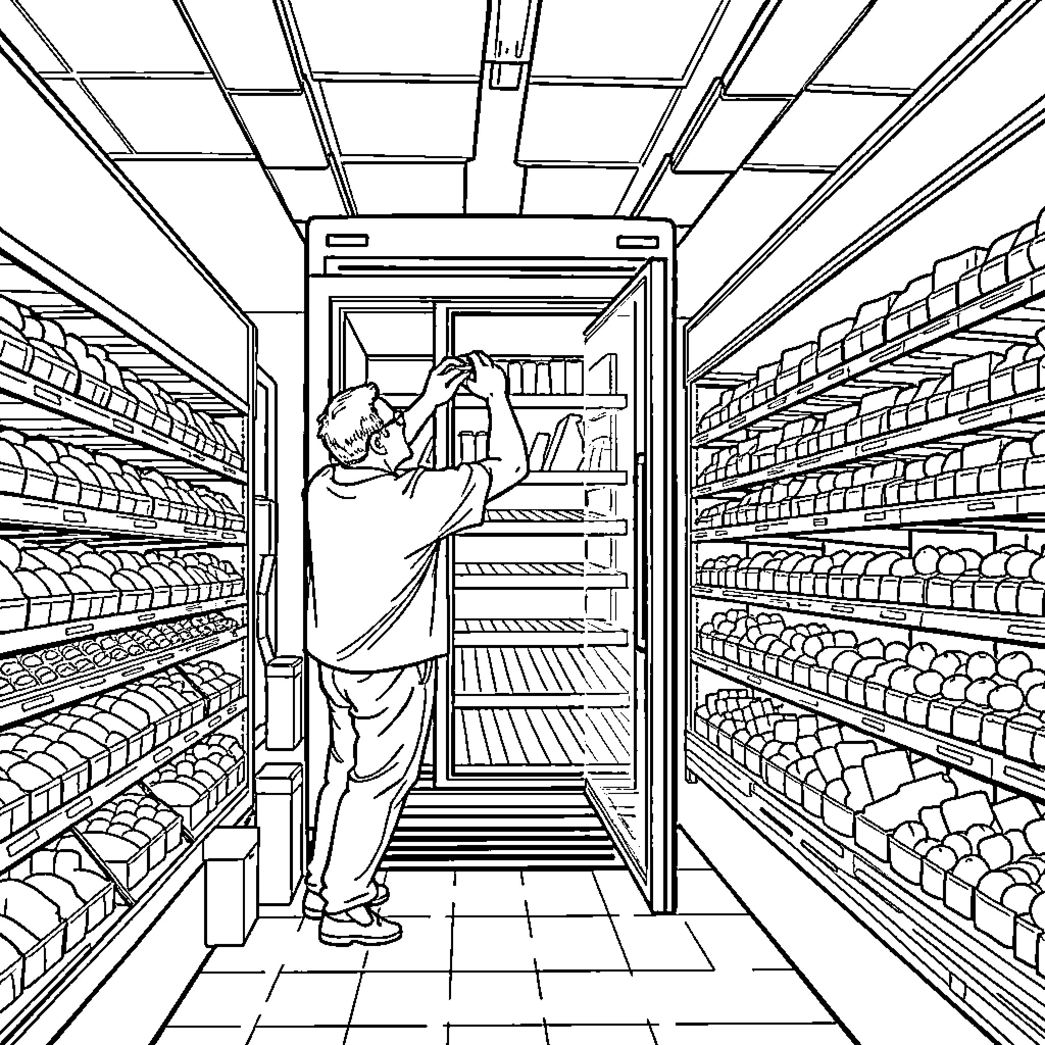 Man browsing shelves in a grocery store Coloring Page (free black-and-white line drawing printable PDF for all, from beginners to advanced learners, including children, teens, adults, and seniors)