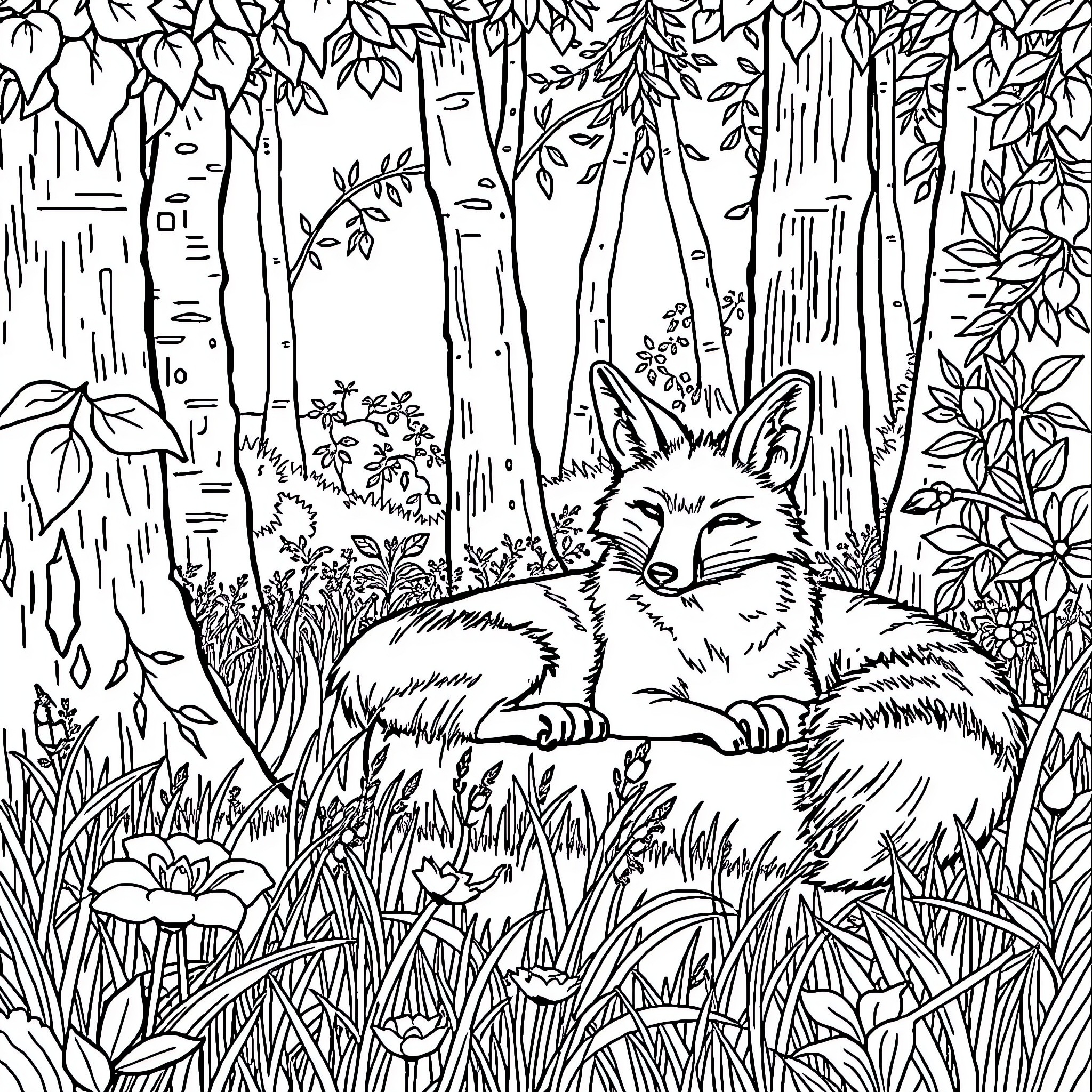 Fox resting peacefully in the woodland forest Coloring Page (free black-and-white line drawing printable PDF for all, from beginners to advanced learners, including children, teens, adults, and seniors)