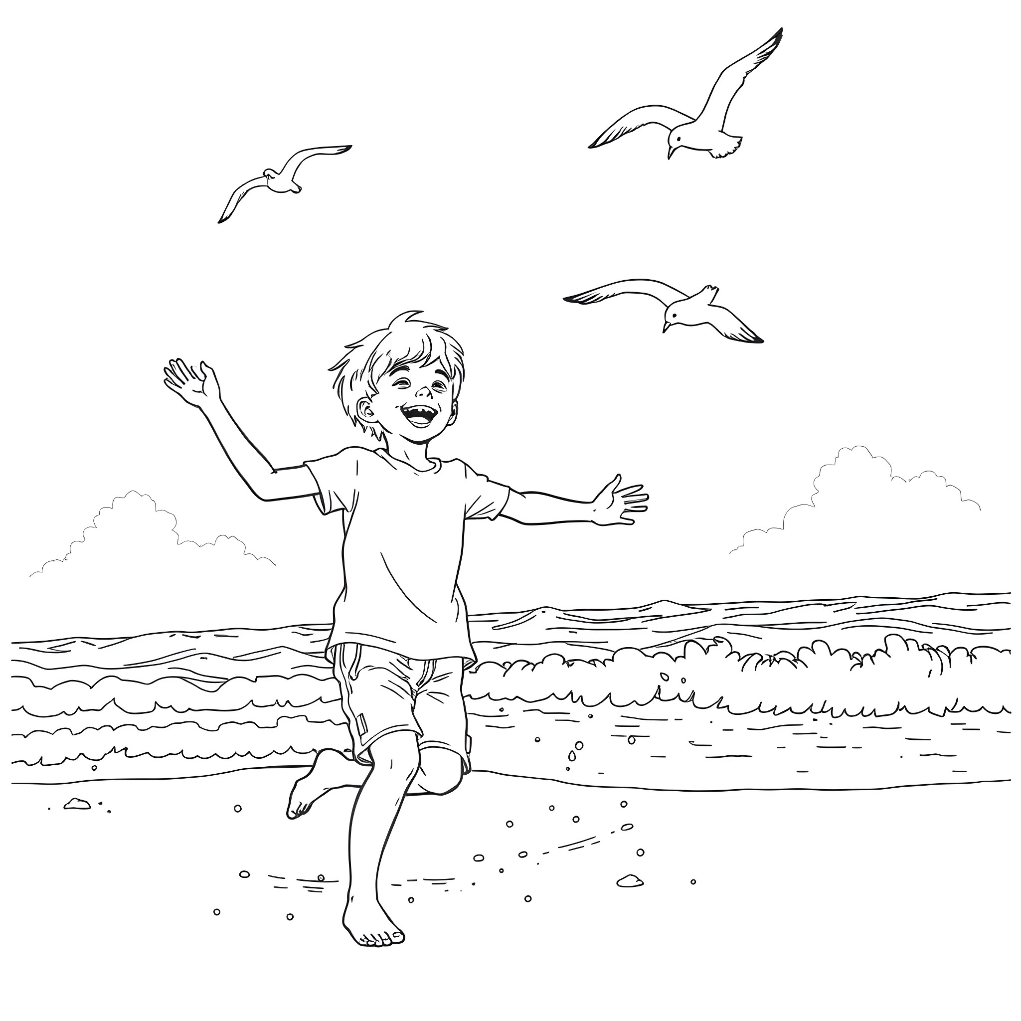 Teen playing happily on the beach with seagulls Coloring Page (free black-and-white line drawing printable PDF for all, from beginners to advanced learners, including children, teens, adults, and seniors)