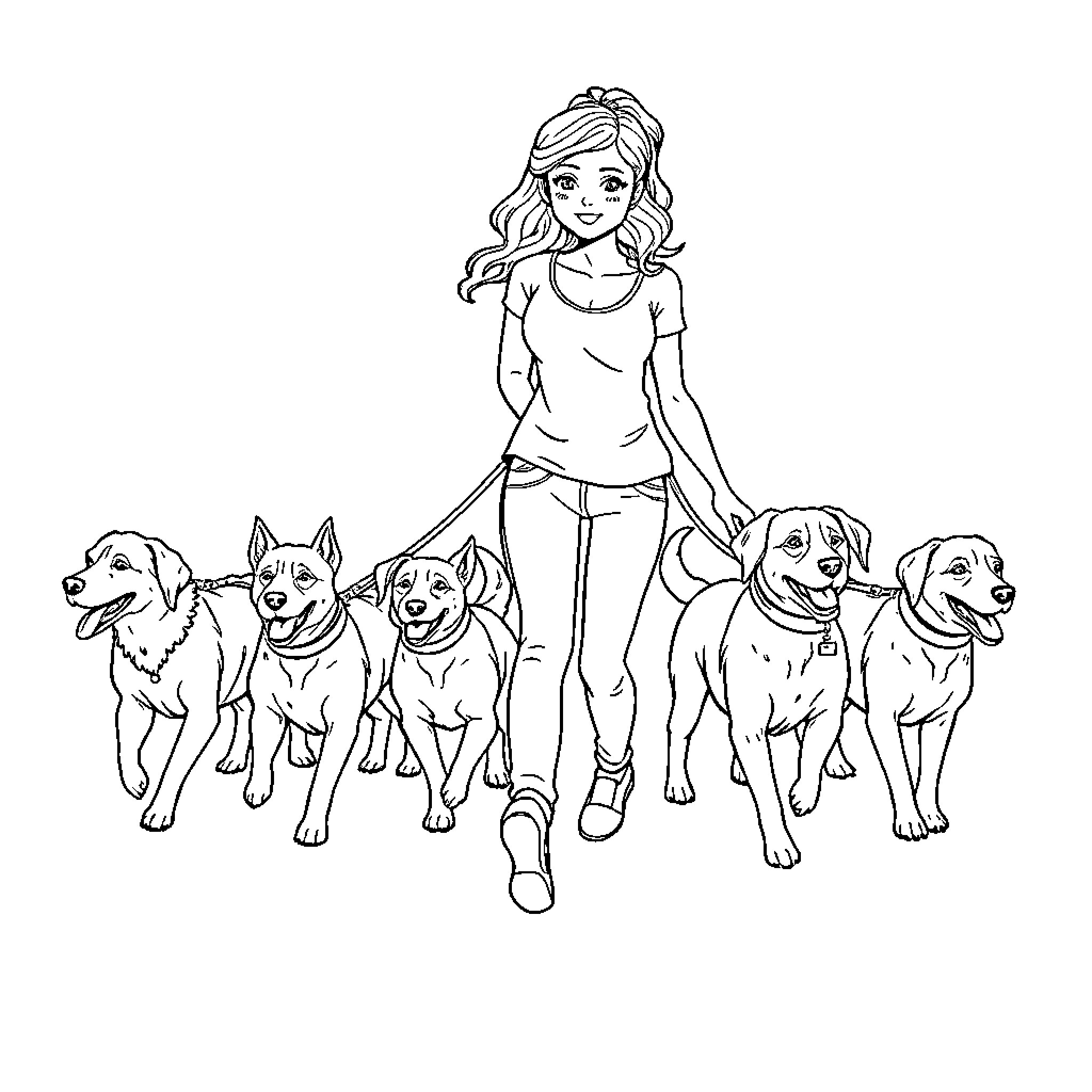 Lady walking with her pack of dogs Coloring Page (free black-and-white line drawing printable PDF for all, from beginners to advanced learners, including children, teens, adults, and seniors)
